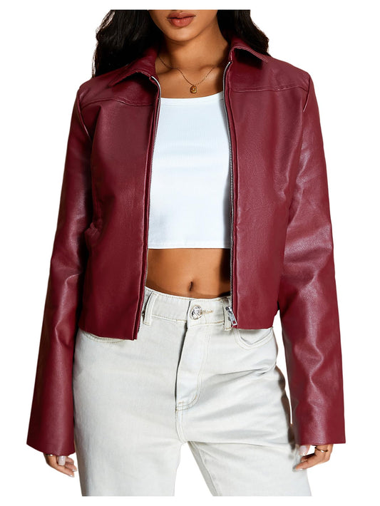 MakeMeChic Women's Crop Faux Leather Jacket Vintage Long Sleeve Collar Zip Up Biker Motorcycle Jackets Coats Burgundy Small