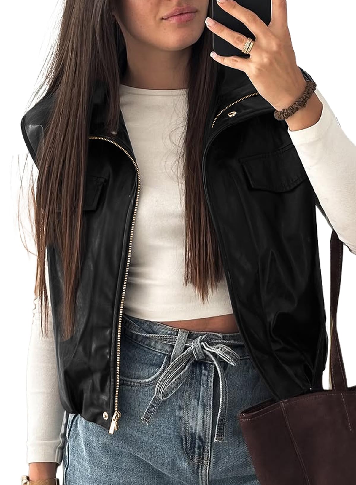 EVALESS Womens Leather Vest Fall Outfits Fashion 2025 Sleeveless Faux Leather Jacket Zip Up Stand Neck Leather Vest Top Solid Casual Clothing Coats Clothes Large