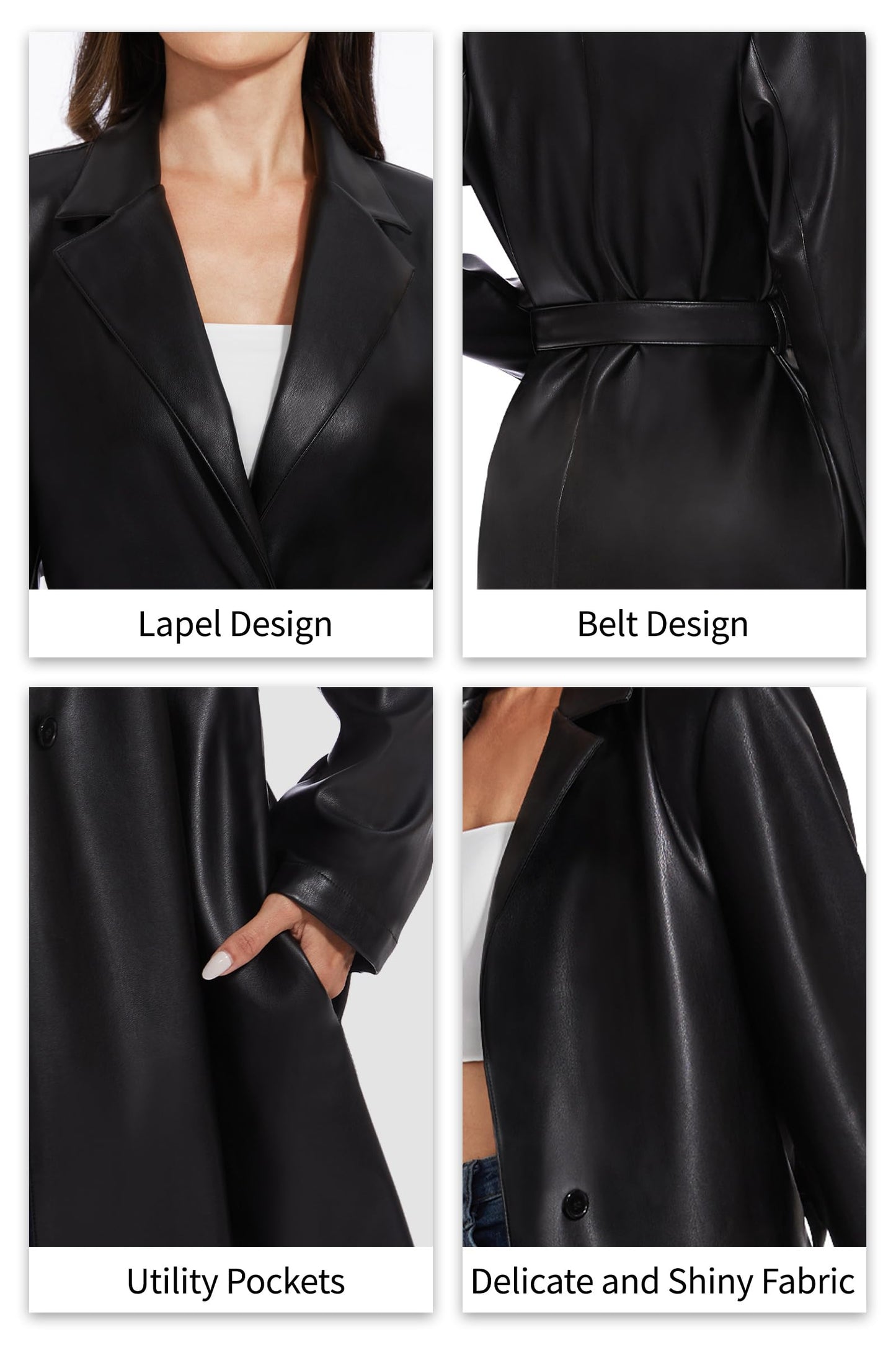 Fahsyee Women's Faux Leather Trench Coat, Motorcycle Jackets PU Moto Biker Outwear Fitted Slim Jacket Black Size XL