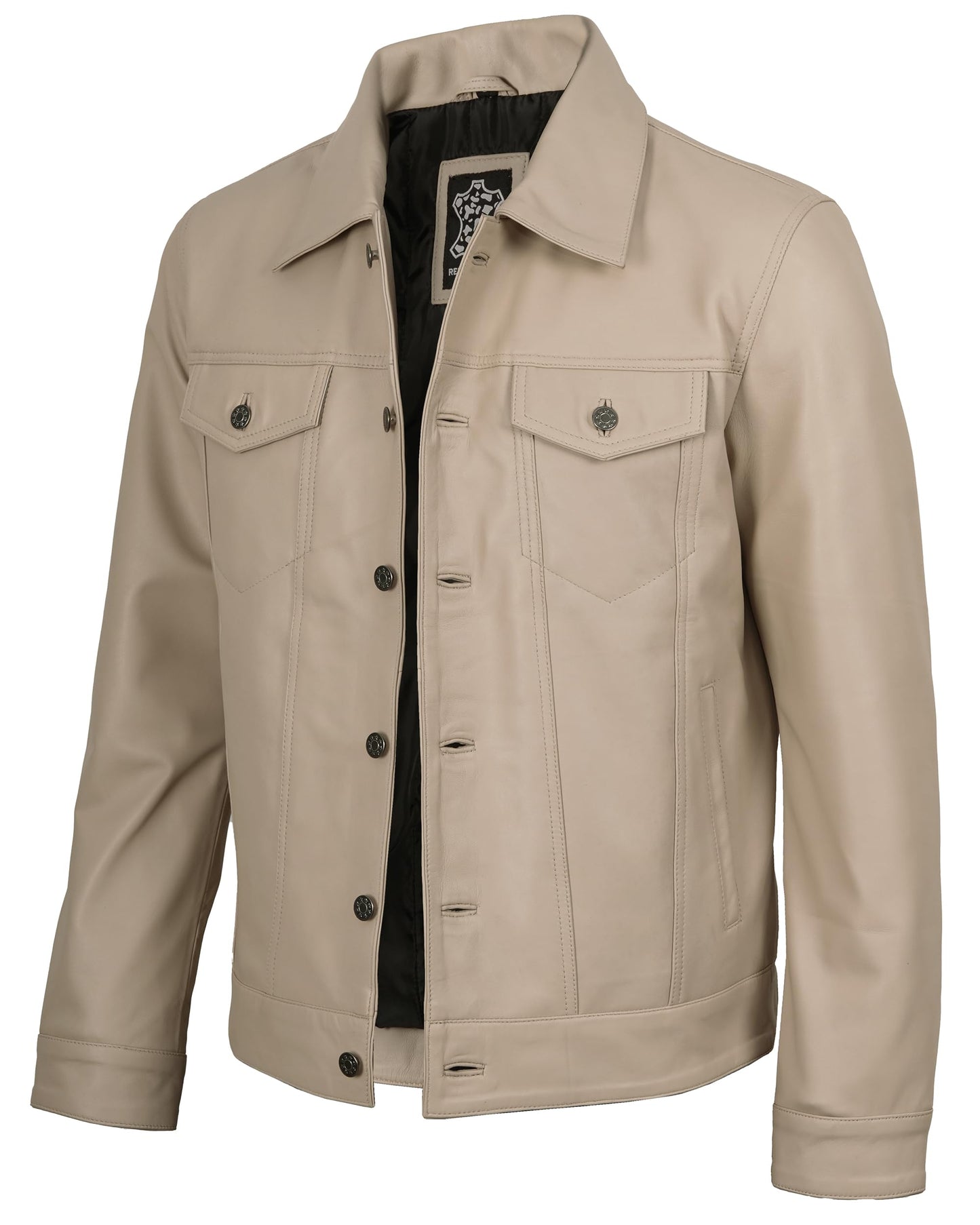 Blingsoul Classic Men's Trucker Leather Jacket with Shirt Style Collar | [1124025] Fernando Beige, XL