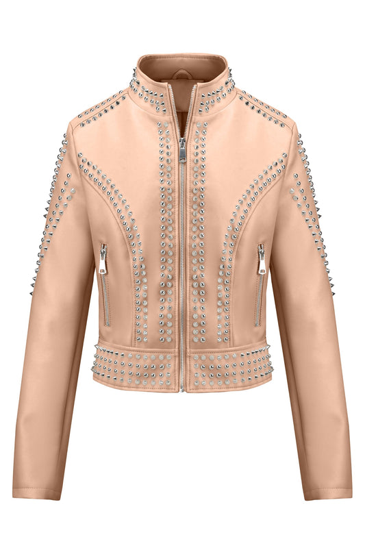 Bellivera Women's Faux Leather Moto Studded Rivet Casual Jacket L.Khaki S