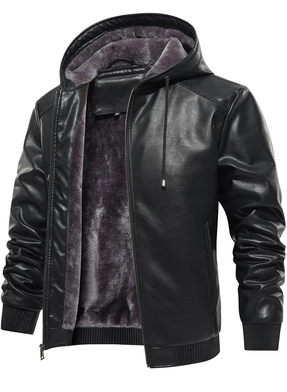 FANARCHER Men’s Faux Leather Jacket Fleece Padded Bomber Motorcycle Jacket with Hood