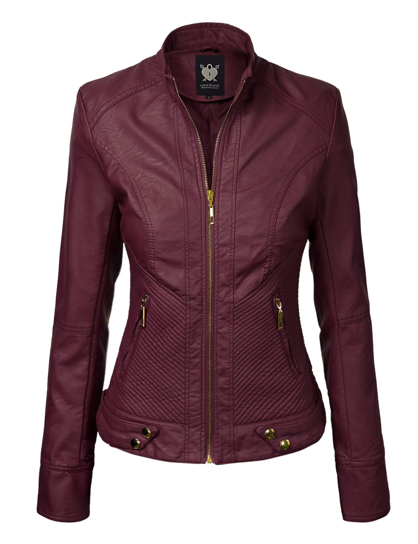 Lock and Love LL WJC747A Womens Dressy Vegan Leather Biker Jacket XS Wine