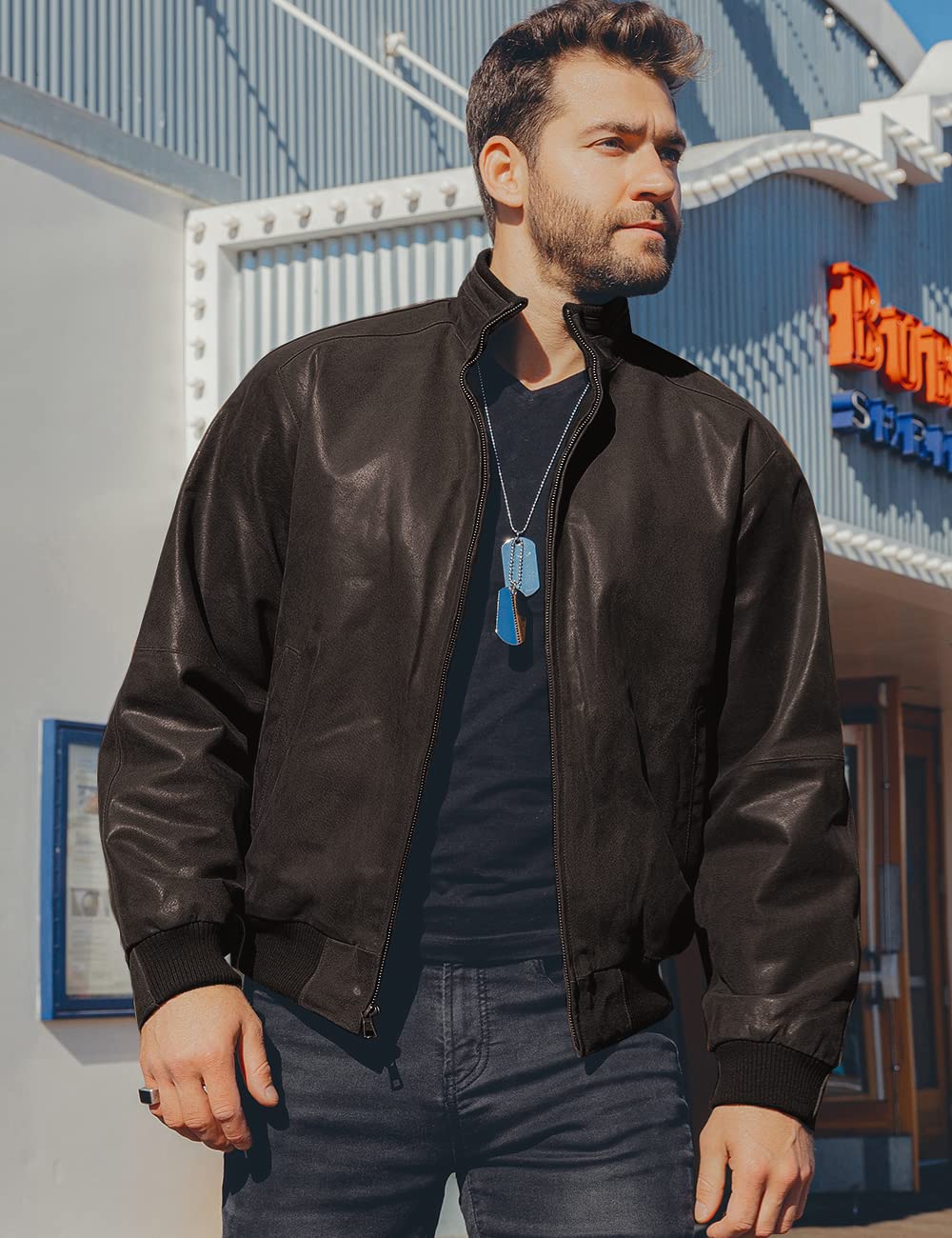 FLAVOR Men's Real Leather Bomber Casual Jacket (Large, Dark Brown)