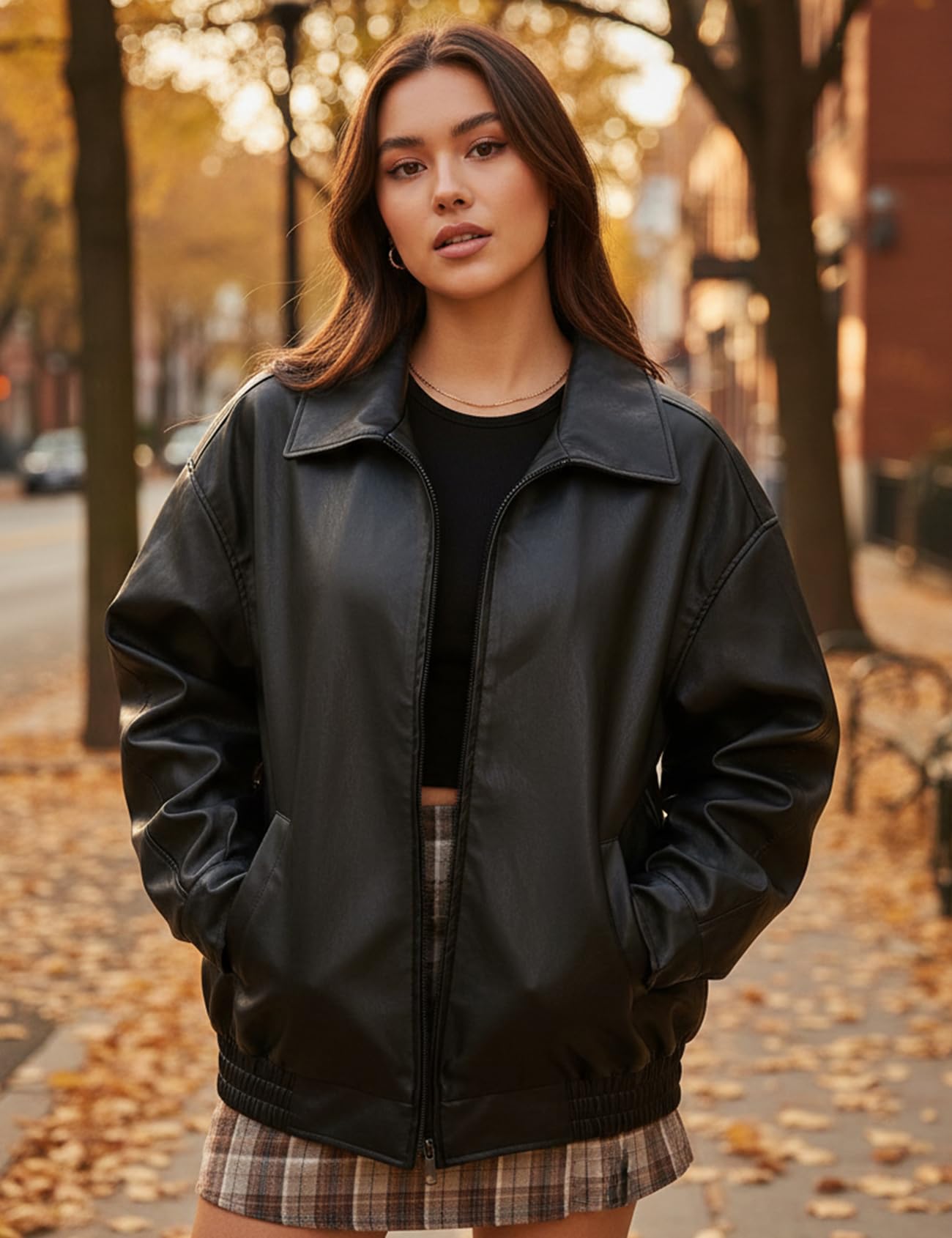 hathne Women's Oversized Leather Jackets Faux Zip Up Fall Fashion Motorcycle Jackets Coats Winter Clothes(Black,XXL)