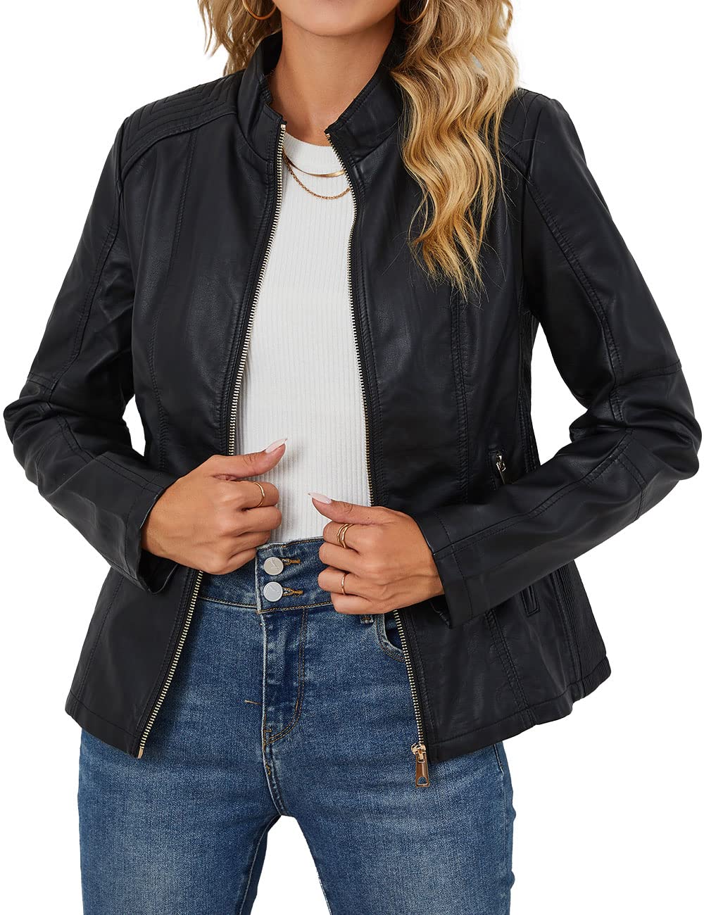 Bellivera Faux Leather Jacket Women Motorcycle Zipper Stand Collar Bomber PU Bike Coat with Pockets PU37 Black M
