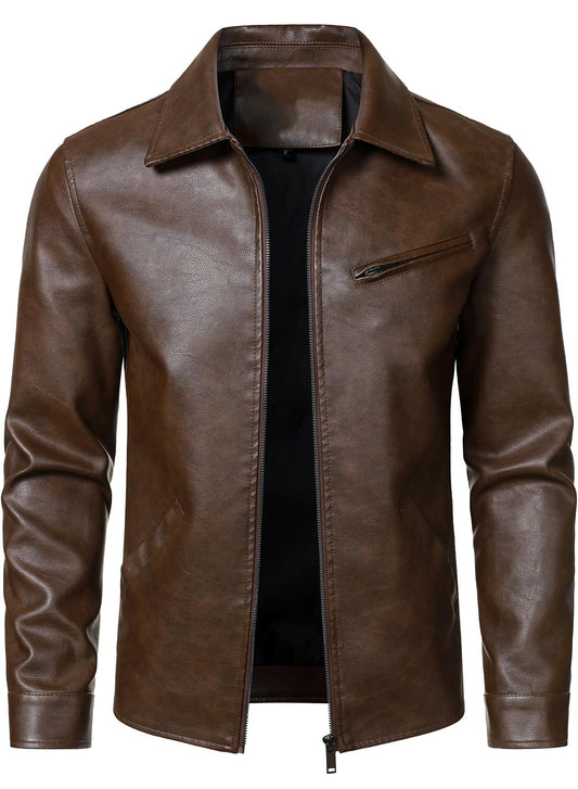 HOOD CREW Men’s Classic Faux Leather Jackets Turn Down Collar Leather Coat Lightweight Outerwear Biker Jacket Coffee M