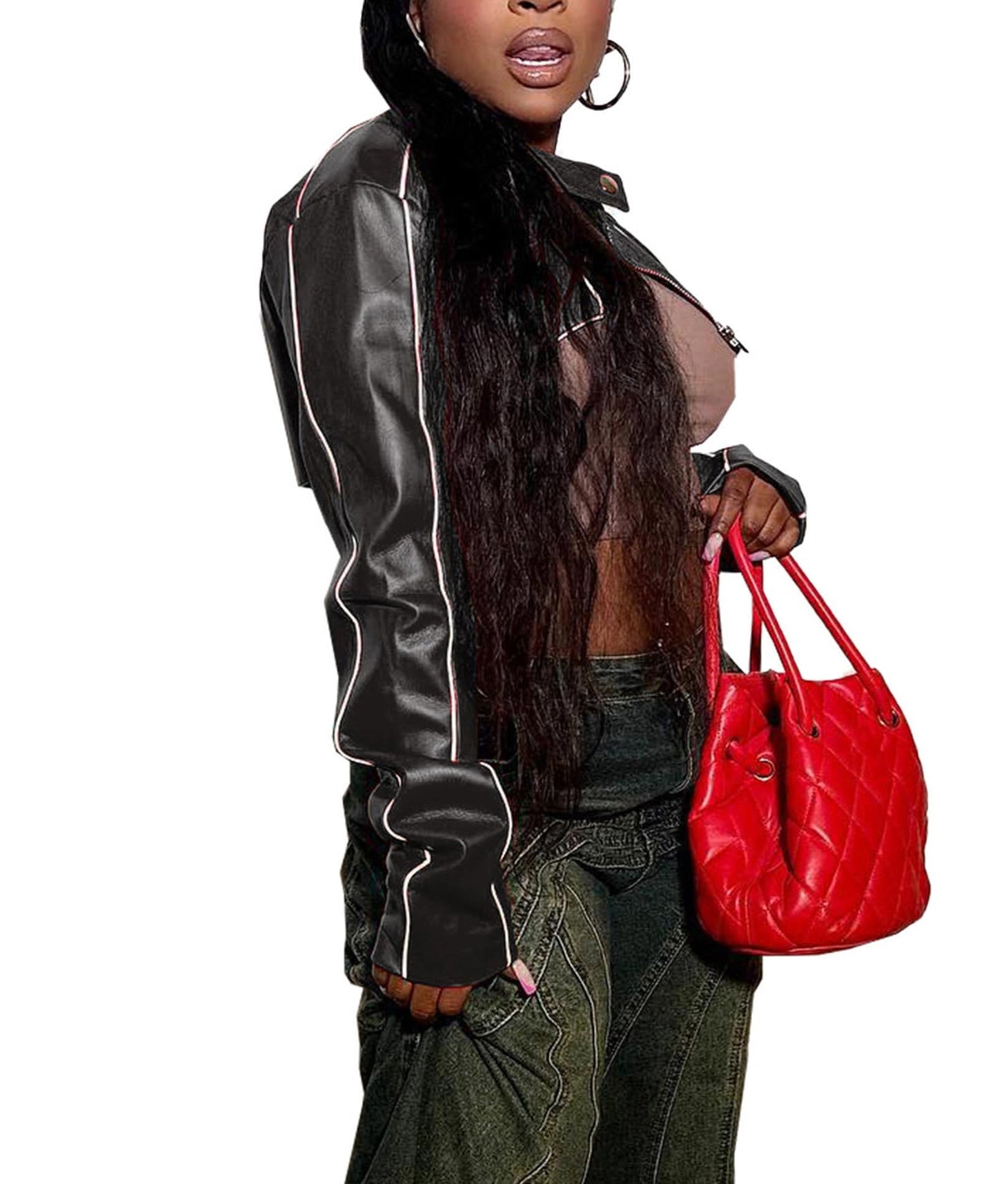 SEMATOMALA Women's Mock Neck PU Leather Crop Jacket Shrug Moto Biker Zip Up Faux Leather Slim Bolero Coat BL-L