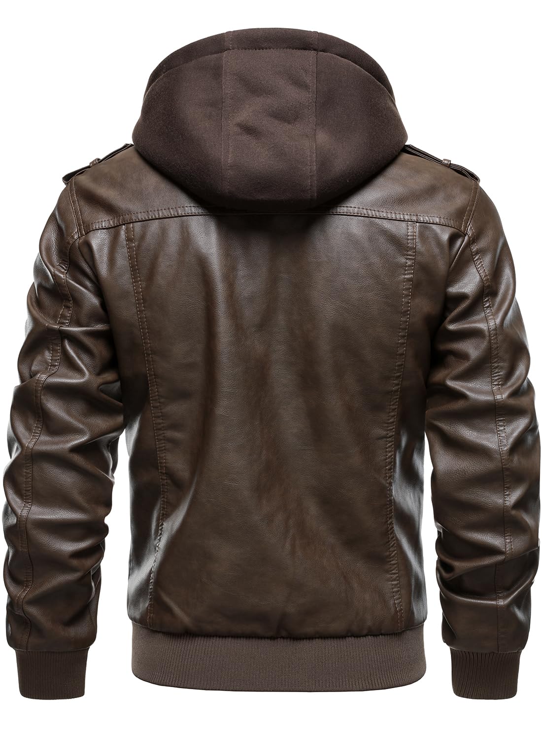 HOOD CREW Men's Faux Leather Hooded Jacket Motorcycle Jackets Water Repellent Windproof PU Moto Vintage Bomber Hoodie Coats Coffee L