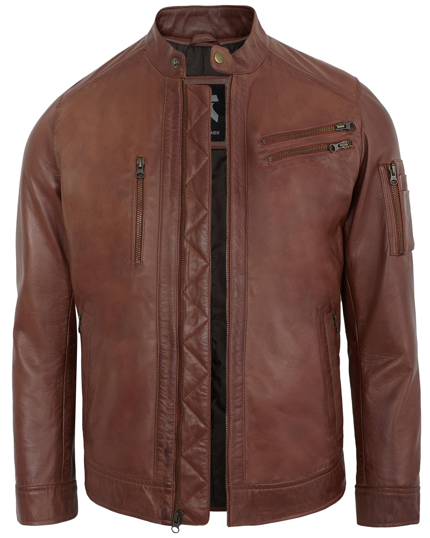 UrbanFocal Real Leather Jacket Men - Cognac Non Wax Leather Jackets For Mens | [101014406] Petter Cognac, 2XL