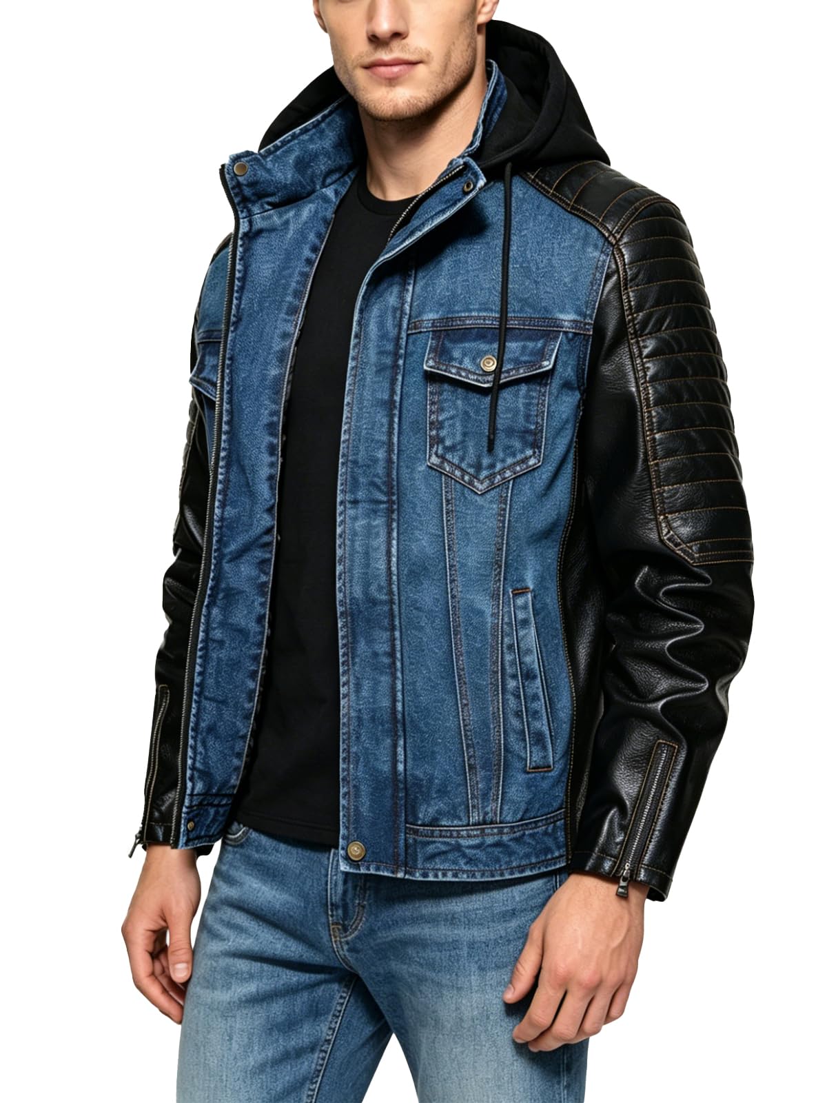 INVACHI Men’s Hooded Denim Trucker Jacket with Faux Leather Patchwork Vintage Casual Jean Wash Biker Coat