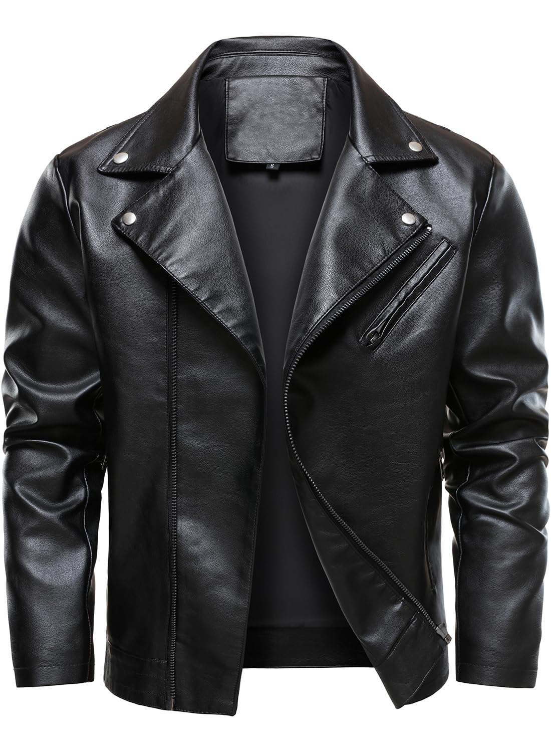 HOOD CREW Men’s Faux Leather Jacket Cool Motorcycle Lapel Biker Jackets Zip Up Riding Coat Black L