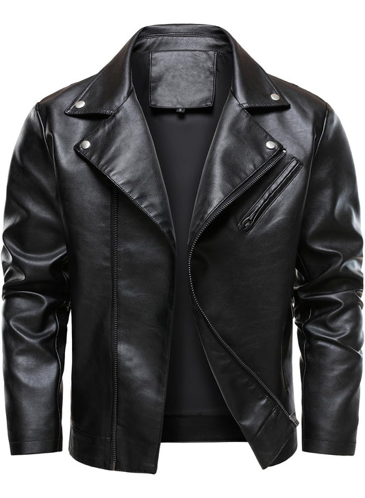 HOOD CREW Men’s Faux Leather Jacket Cool Motorcycle Lapel Biker Jackets Zip Up Riding Coat Black L