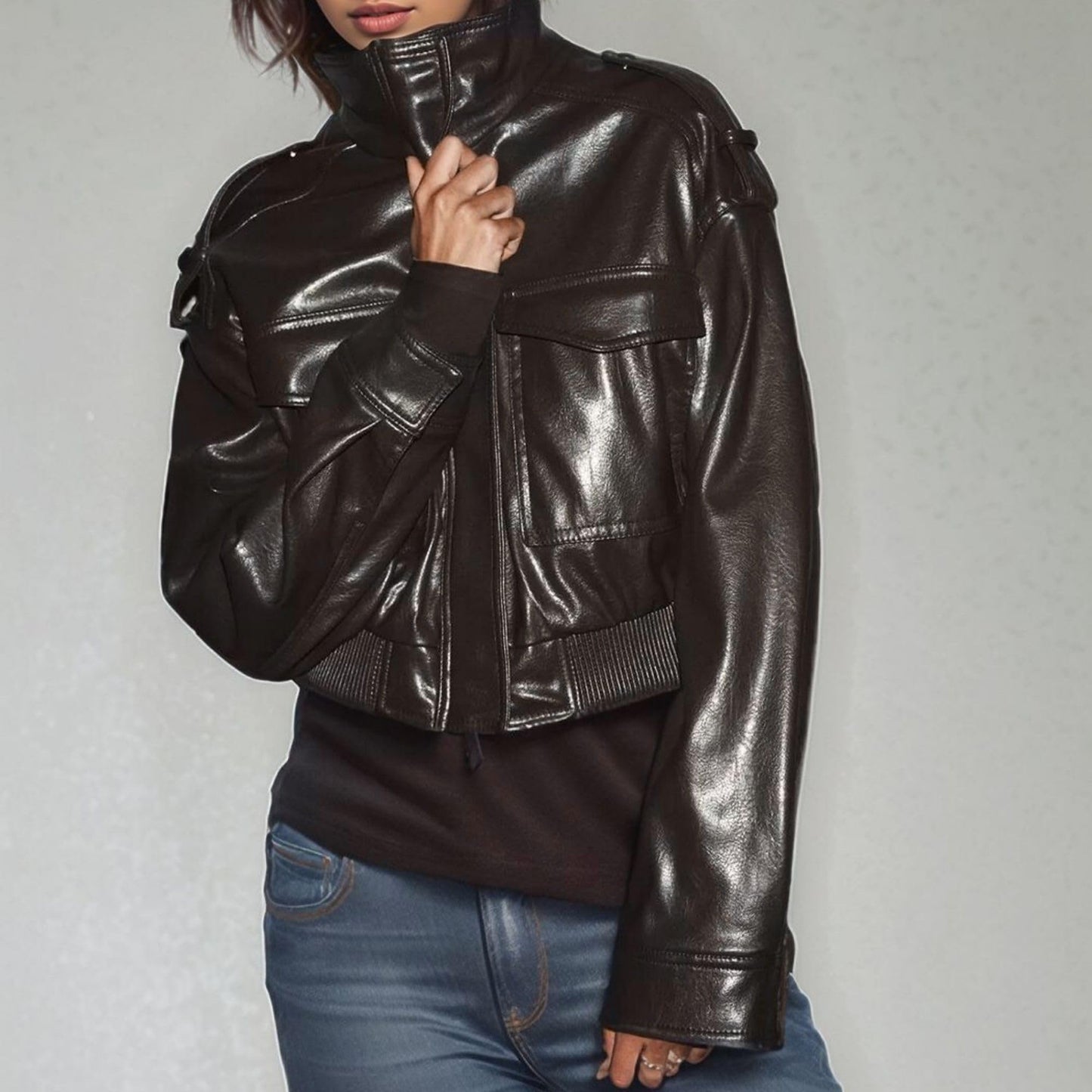 FindThy Women’s Cropped Faux Leather Jacket Vintage Stand Collar Long Sleeve Zip Up Fall Fashion Motorcycle Bomber Coats(4212-Brown-M-aLB)