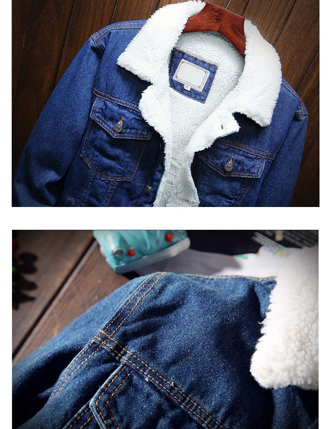 Omoone Men's Lapel Sherpa Fleece Lined Thicken Denim Jean Trucker Jacket Coats (0176-Dark Blue-L)