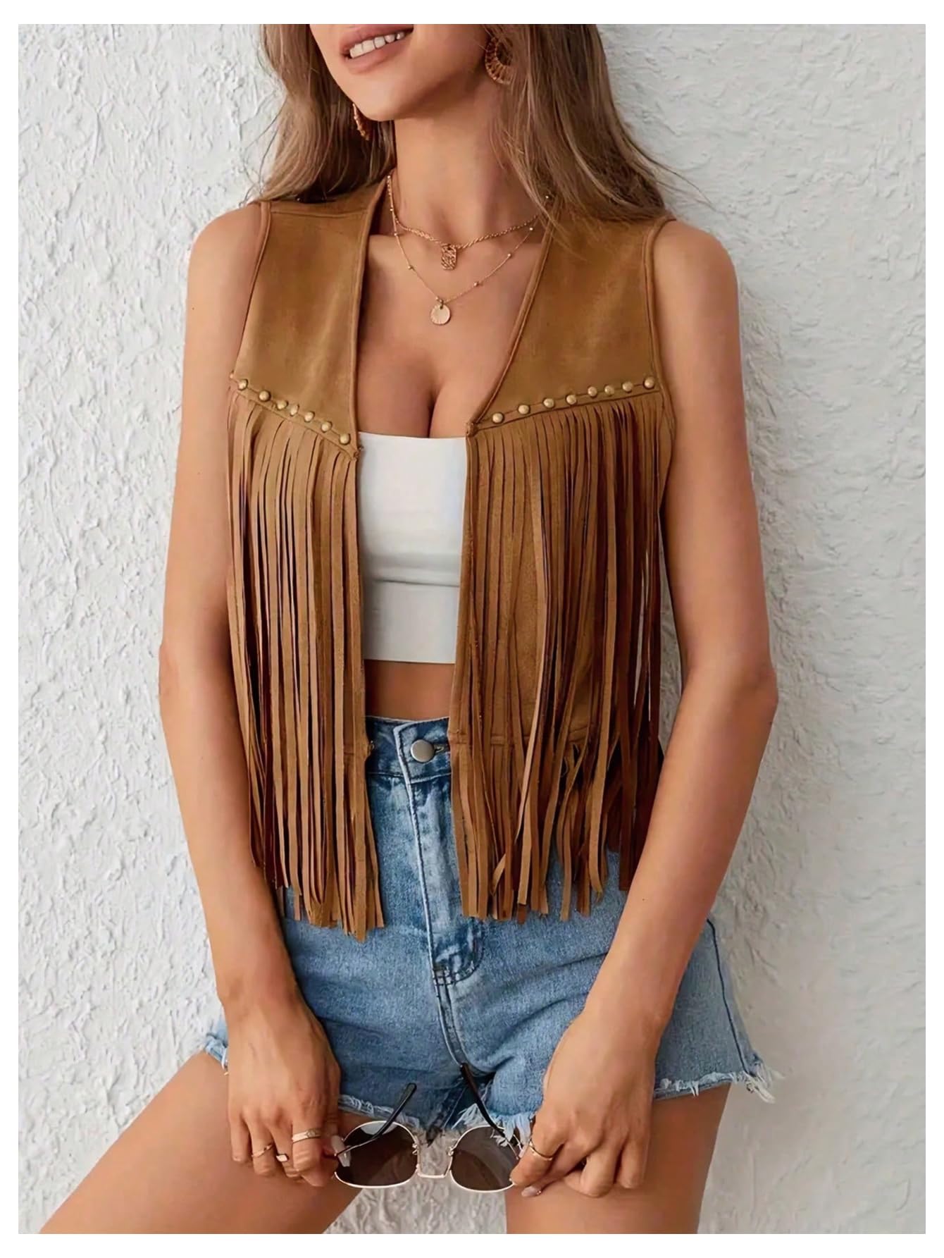 GORGLITTER Women's Western Fringe Vest Jackets Sleeveless Cowgirl 70s Hippie Faux Suede Cropped Jacket Rodeo Outfits Khaki Medium