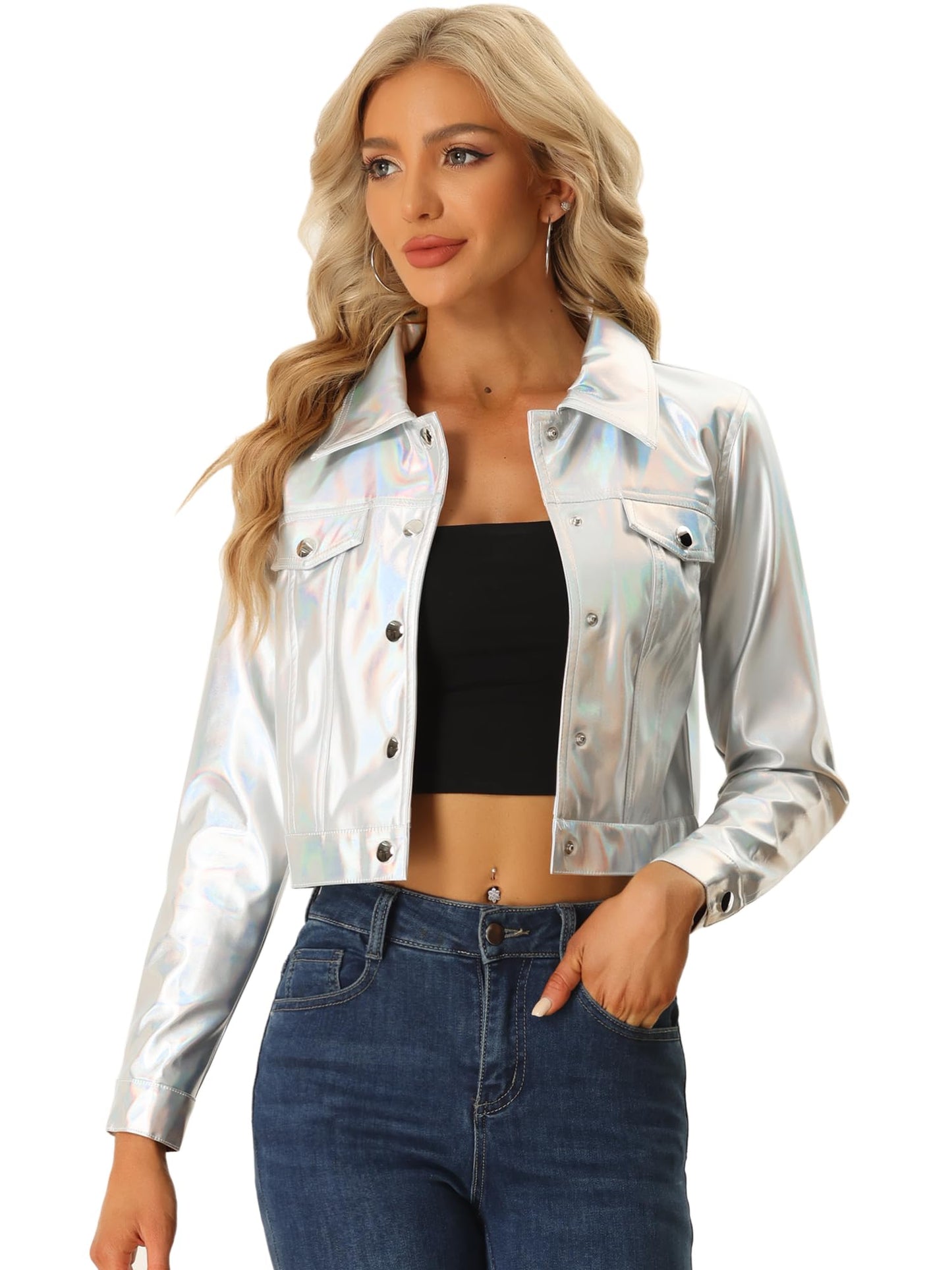 Allegra K Metallic Jacket for Women Moto Biker Jacket Holographic Shiny Crop Party Jackets Large Silver