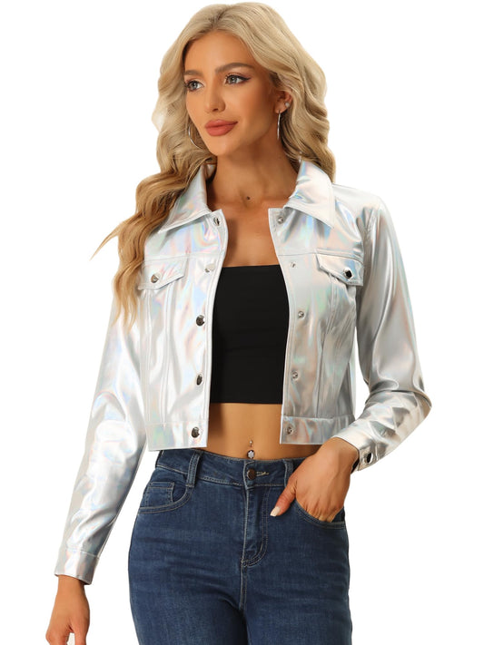 Allegra K Metallic Jacket for Women Moto Biker Jacket Holographic Shiny Crop Party Jackets Large Silver