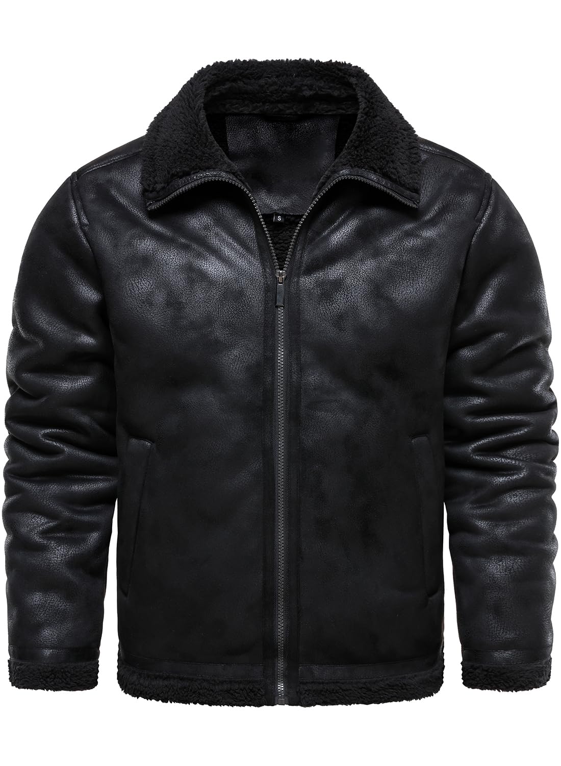 HOOD CREW Men’s Vintage Distressed Jacket Winter Warm Faux Shearling Leather Bomber Jackets Motorcycle Biker Coats Black M