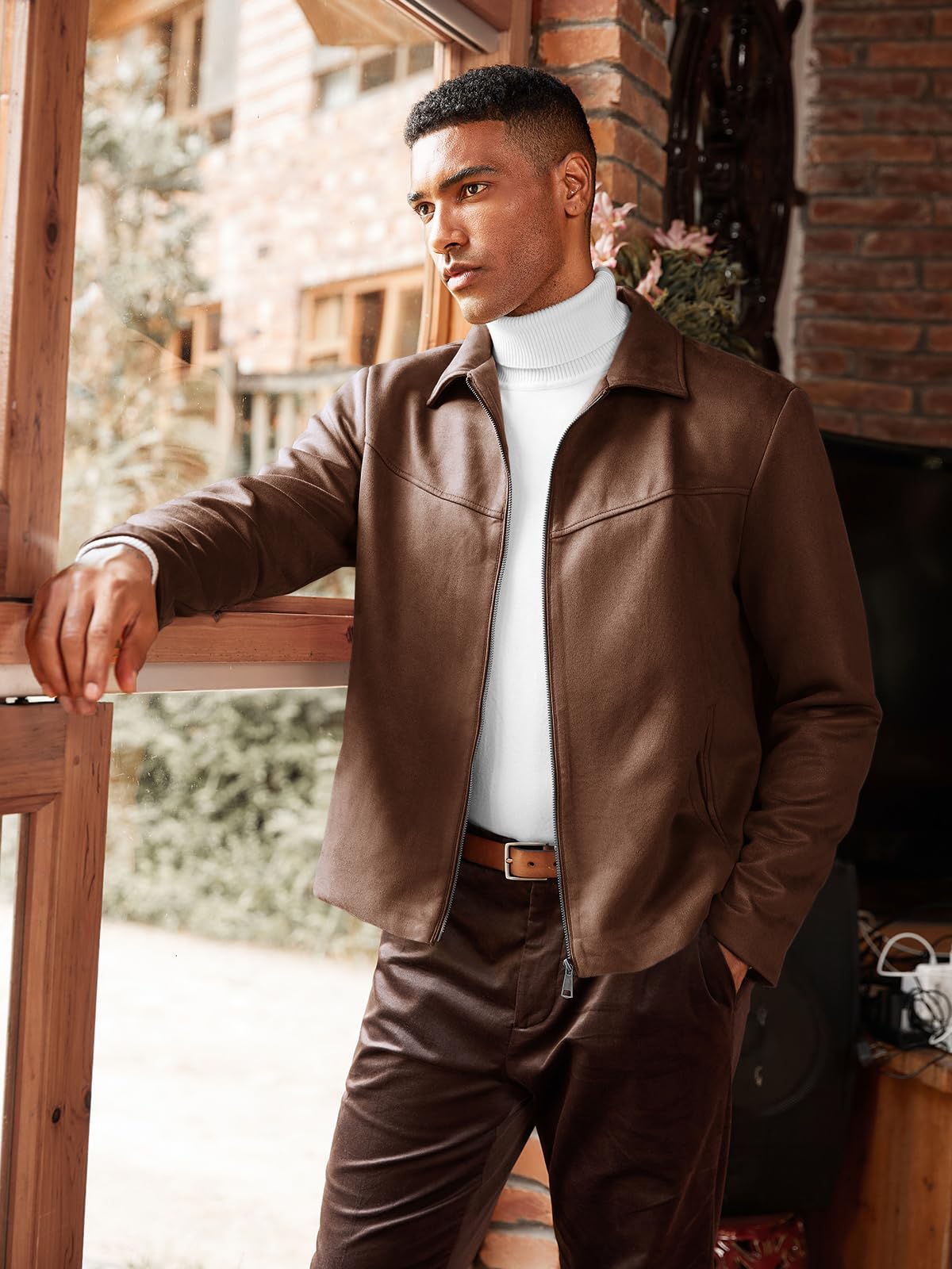Runcati Men's Suede Jacket Full Zip Casual Vintage Jackets Lightweight Classic Trucker Coat