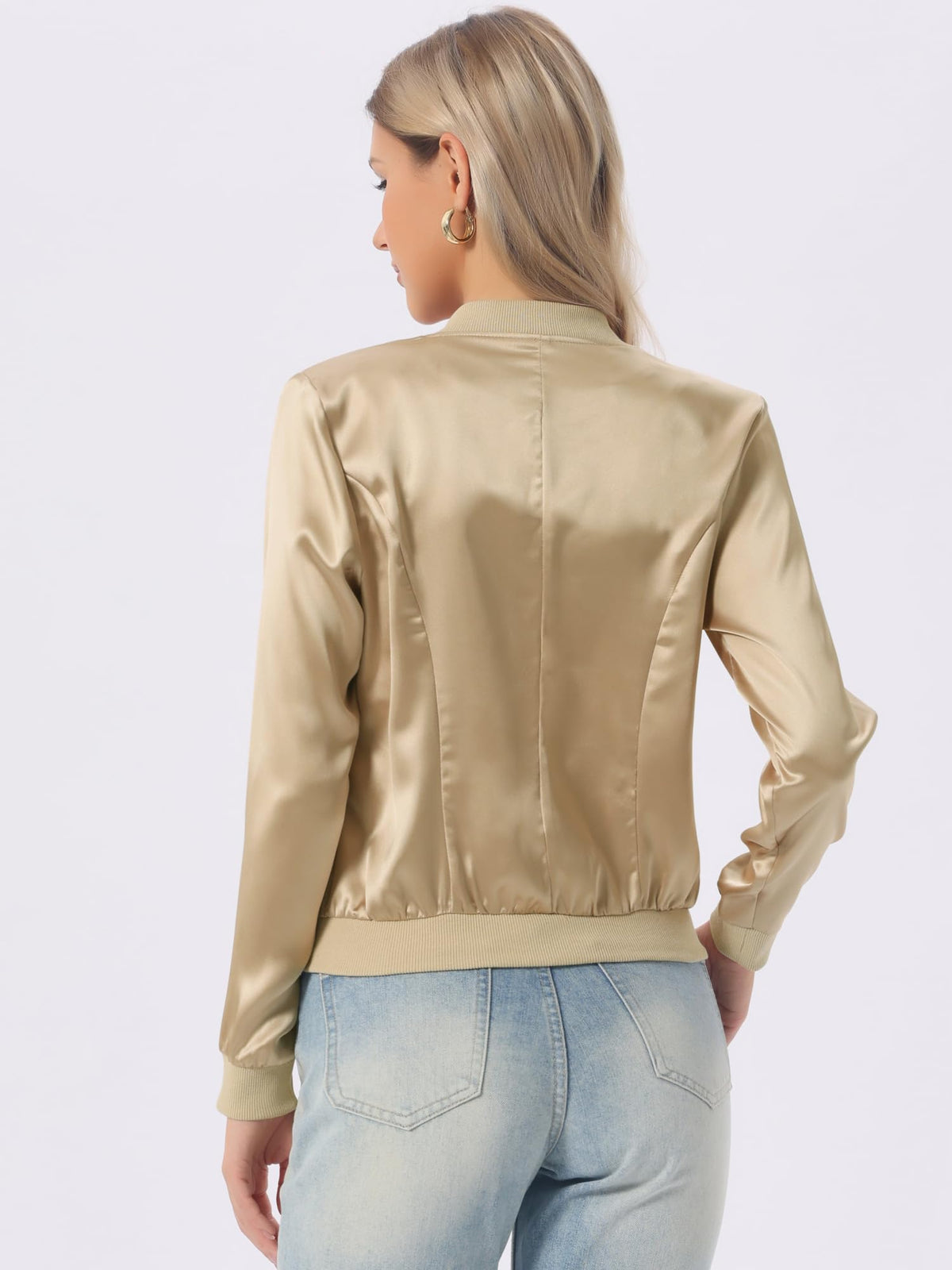 Allegra K Women's Bomber Jacket Satin Long Sleeve Zipper Floral Print Casual Fall Coat with Pocket Winter Outwear X-Large Champagne