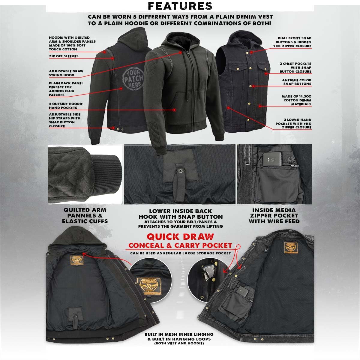 Milwaukee Leather MDM3020 Men's Black Denim '5-in-1' Club Style Vest with Removable Hoodie-MD