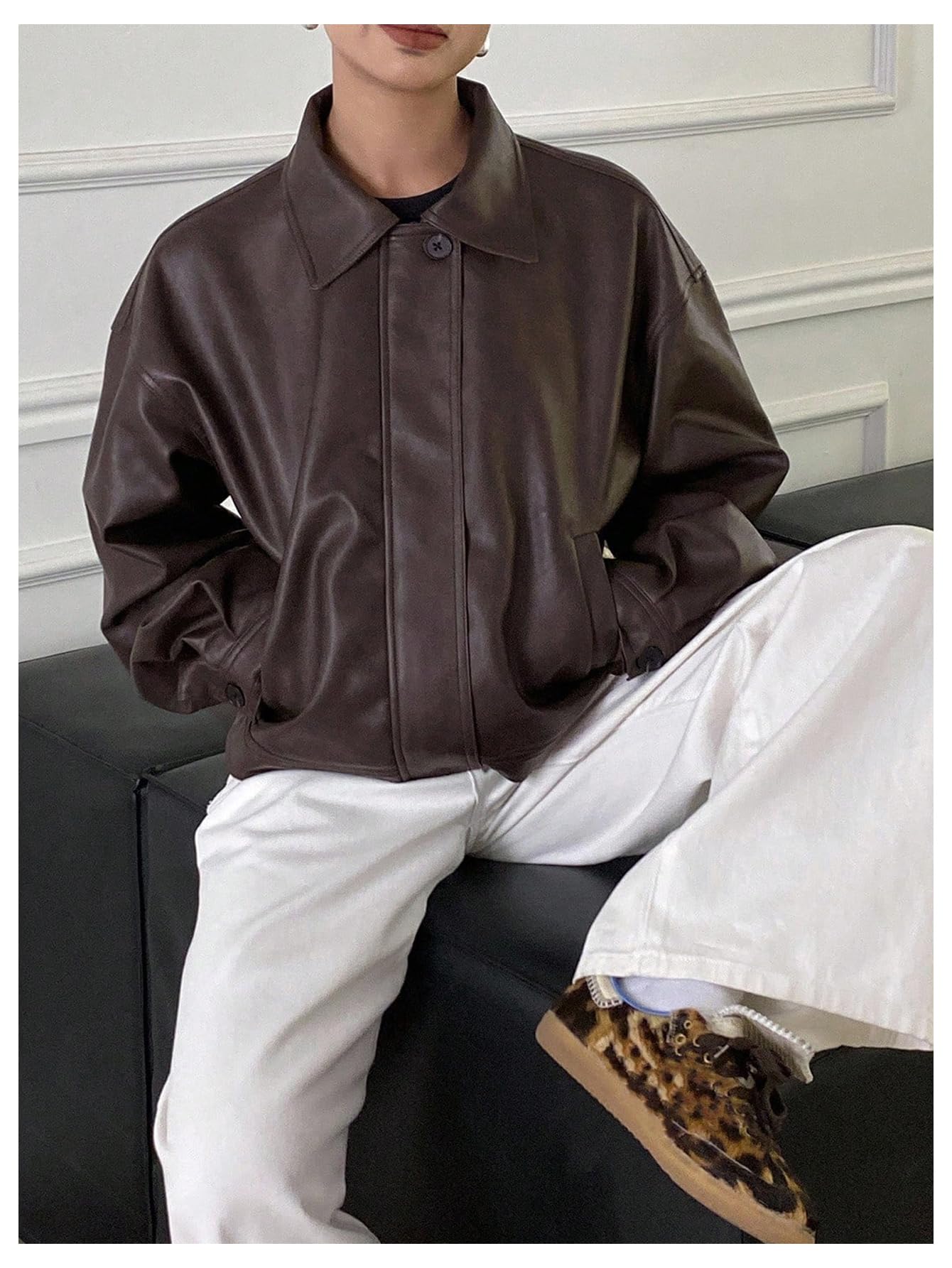 Milumia Women's Y2k Faux Leather Zip Up Jacket Lapel Collar Long Sleeve Motorcycle Jackets with Pockets Brown Large
