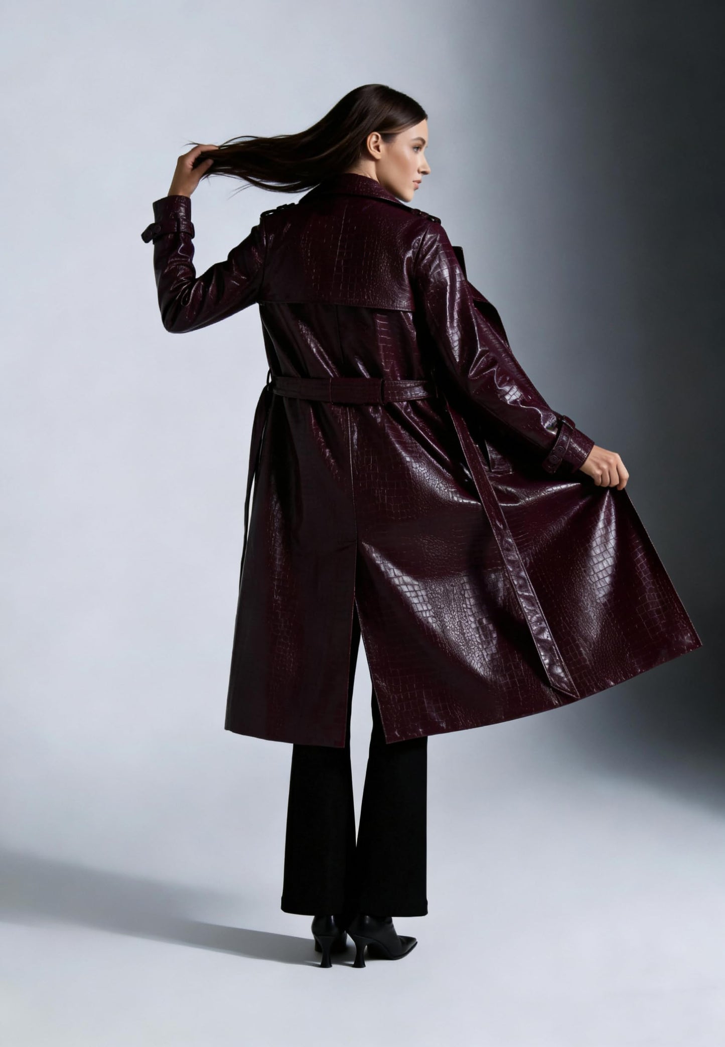 SS-Sunrise Fashion Womens Long Leather Jacket Burgundy Trench Coat Blazer Lapel Button Open Front Faux Motorcycle Jacket Coats with Belt (Medium, Wine Red)