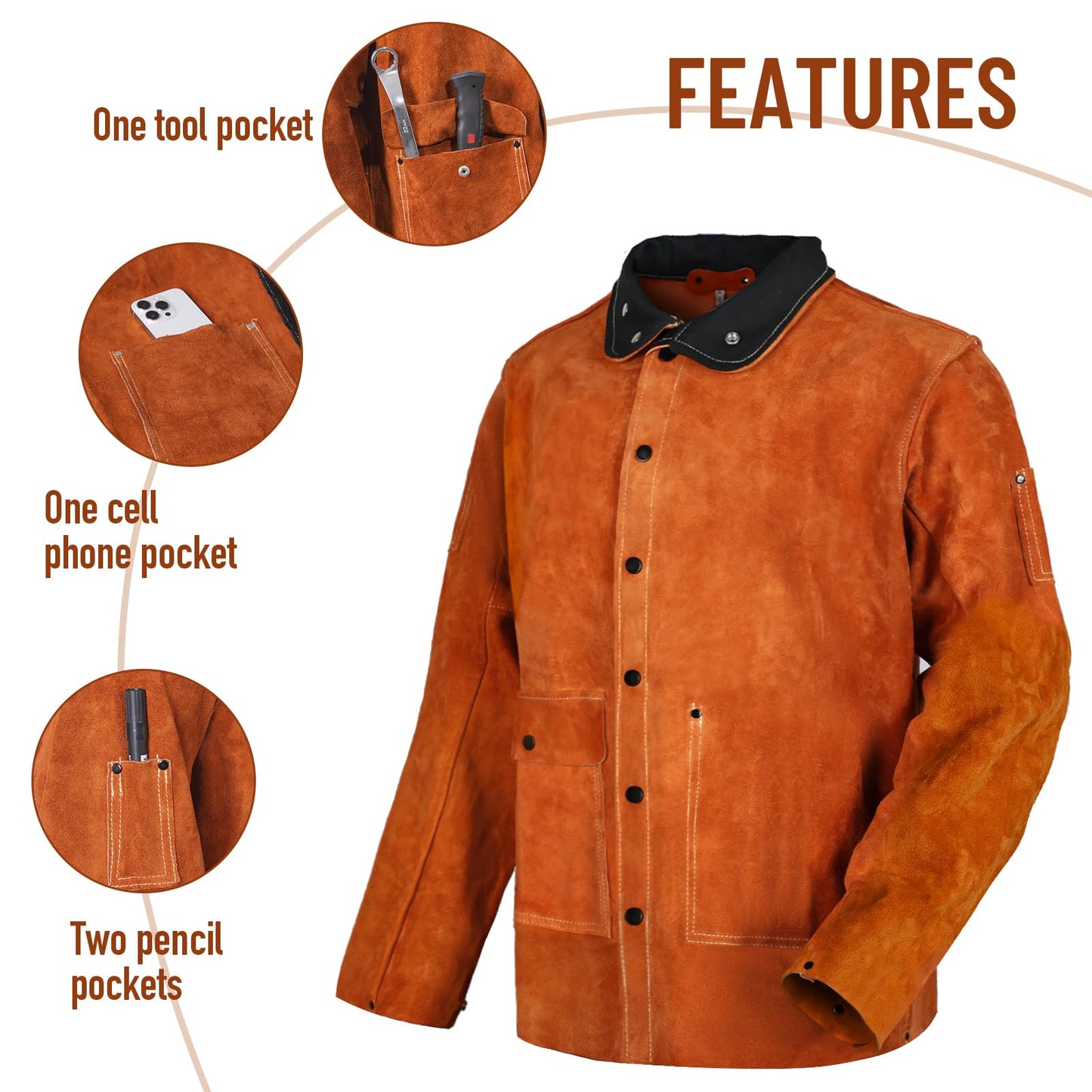 Leather Welding Work Jacket by QeeLink - Flame-Resistant Heavy Duty Split Cowhide Leather (Large)