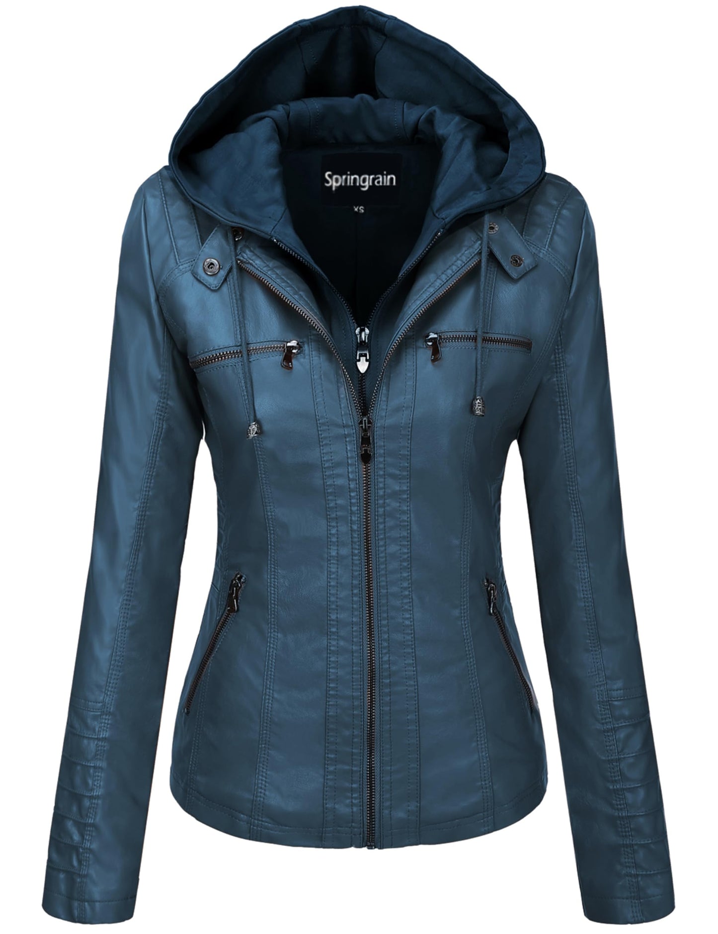 Springrain Women's Faux Leather Jacket Moto Biker Coat with Detachable Hood Motorcycle Jacket (S, Blue)
