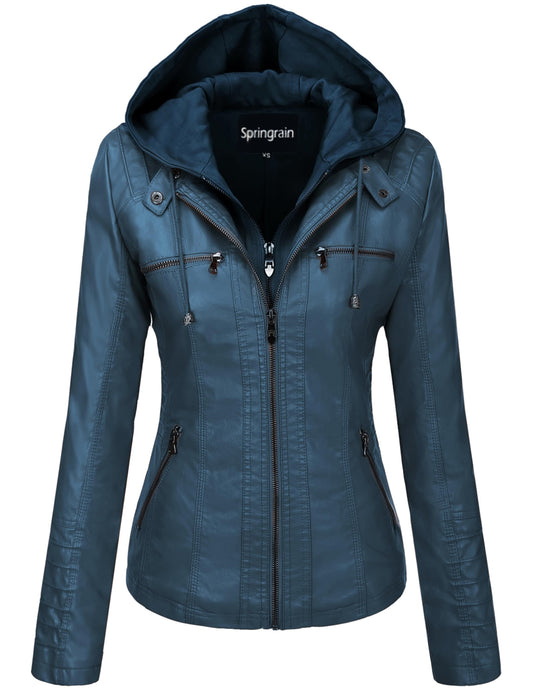 Springrain Women's Faux Leather Jacket Moto Biker Coat with Detachable Hood Motorcycle Jacket (S, Blue)