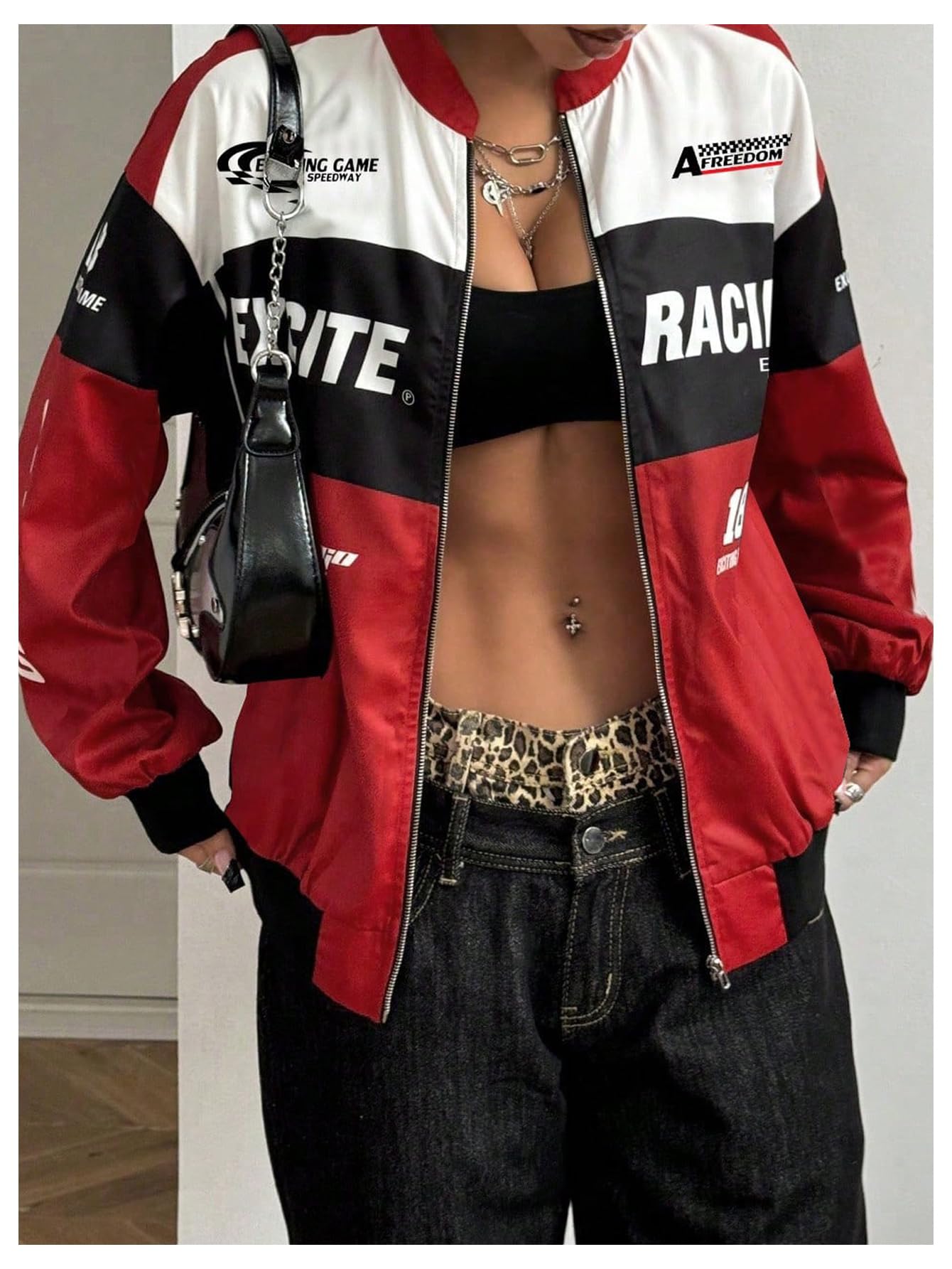 GORGLITTER Women's Race Car F1 Motorcycle Jacket Y2k Racing Outfits