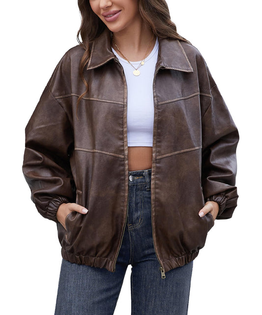 Bakyarder Womens Oversized Y2K Faux Leather Jackets Vintage Fashion Motorcycle Coats Fall Outfits 2026 Coffee Medium