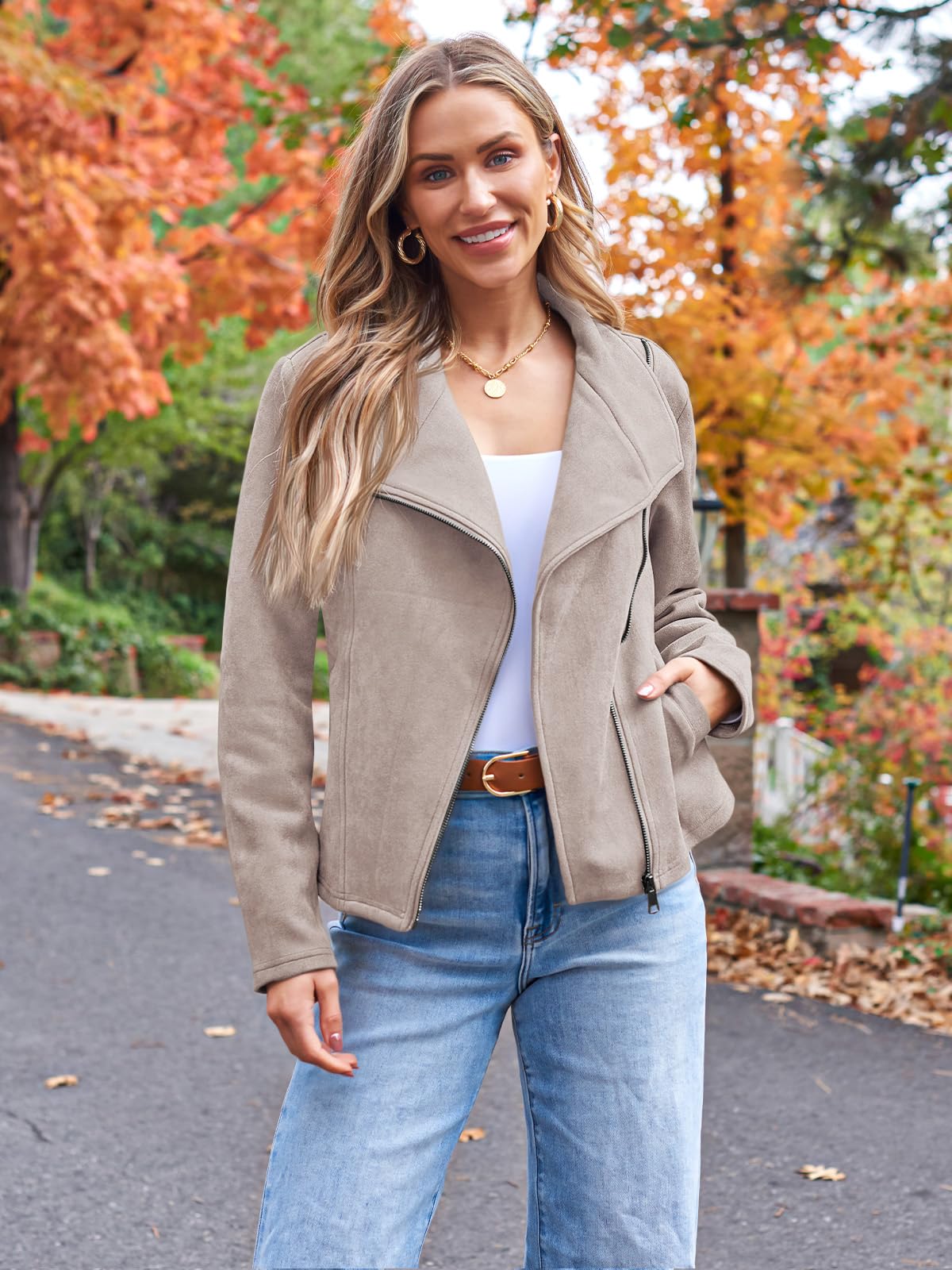 AUTOMET Women's Faux Suede Leather Jacket Cropped Open Front Cardigan Buttery Soft Lightweight Fall Coat Apricot S