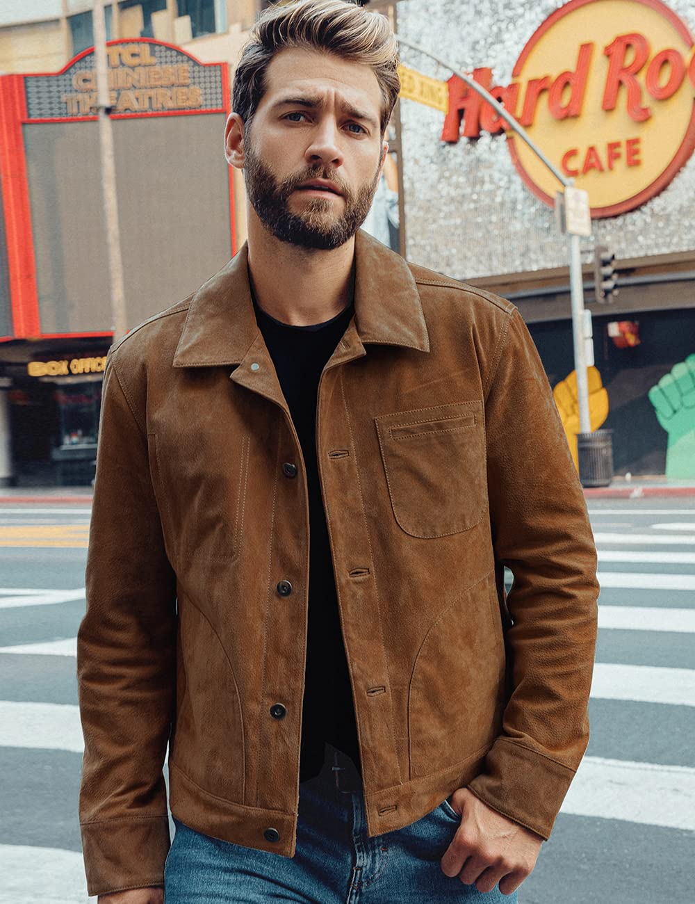 FLAVOR Men's Suede Leather Jacket Trucker Coat (Large, Brown)
