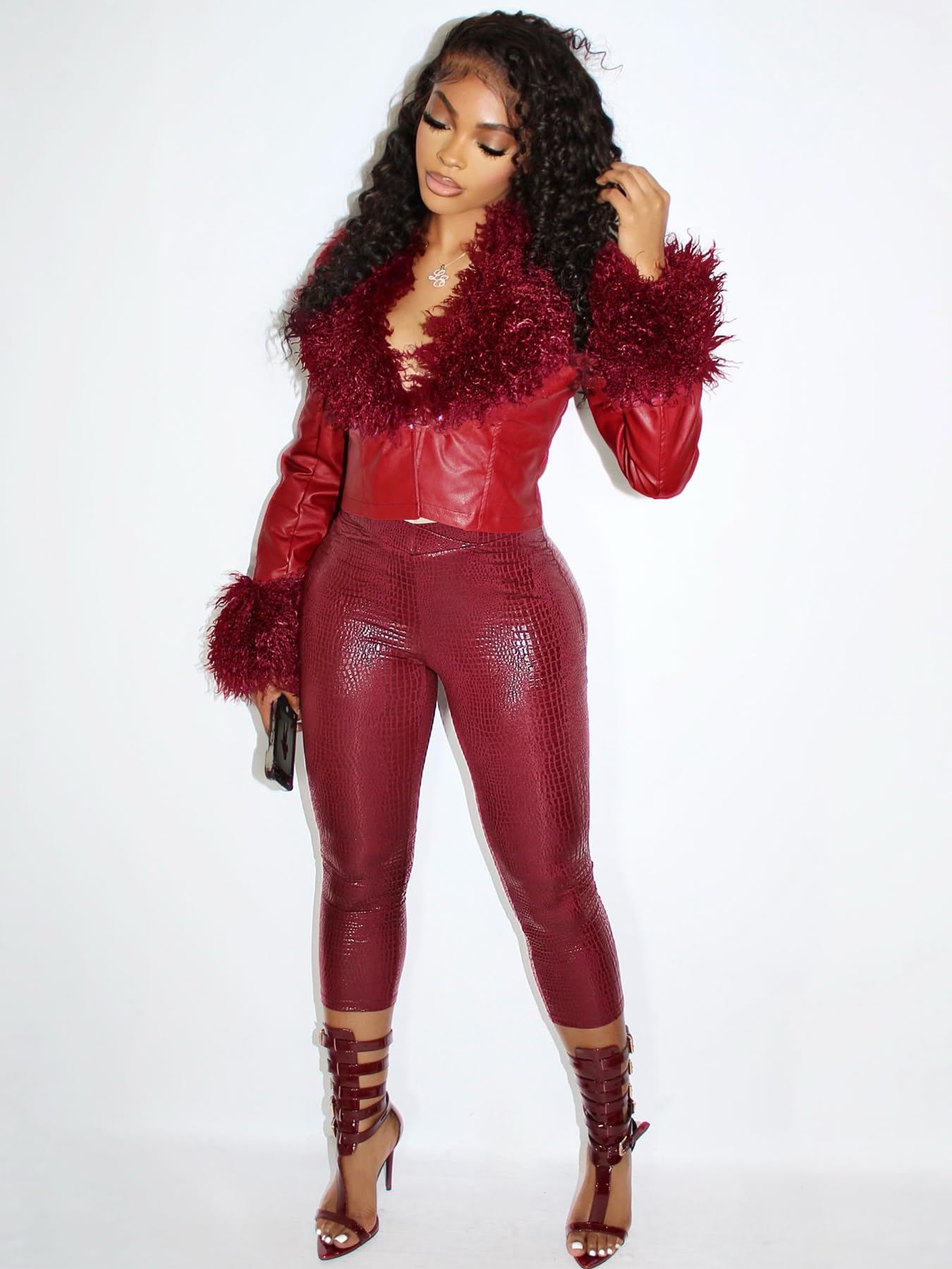 Mandonce Fur Cropped Leather Jacket Women V Neck Buckle Cinched Waist Motorcycle Jacket Y2K Sexy Going Out Jacket Streetwear Burgundy