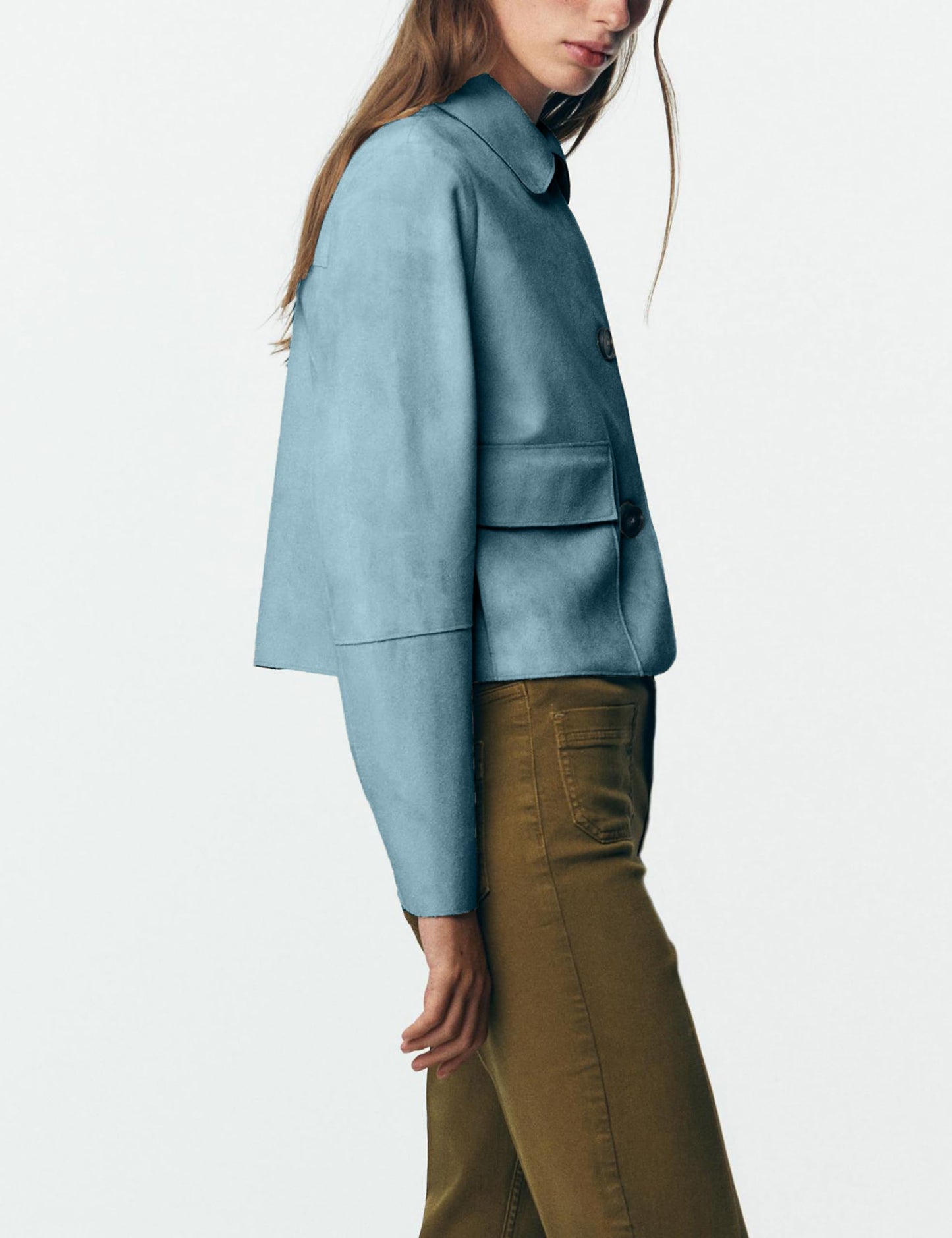 Fhniepan Womens Fall Faux Suede Jacket Long Sleeve Lapel Button Down Bomber Jackets Trendy Going Out Casual Outwear with Pockets(Blue S)