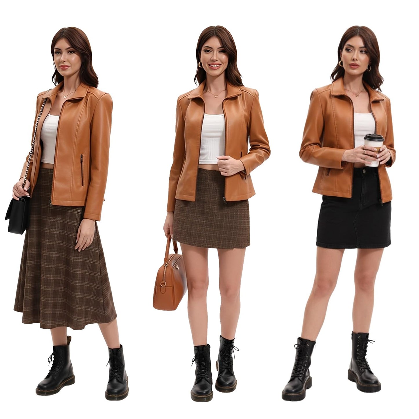 Faux Leather Jacket for Women Motorcycle Fashion Zip Up Coat Trendy Going Out Jackets (Camel,Medium)