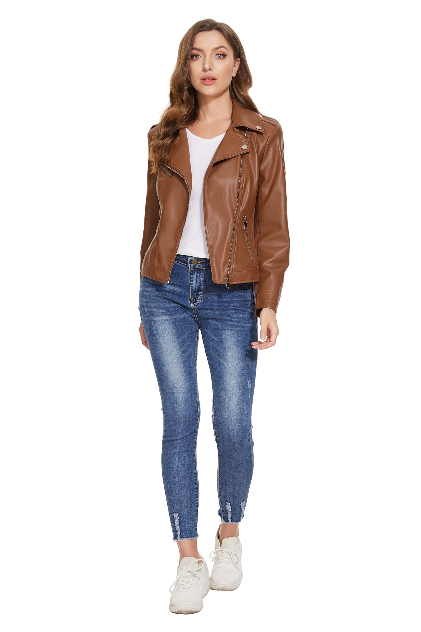 Fahsyee Women's Faux Leather Jackets, Zip Up Motorcycle Elastic Sleeve Short PU Moto Biker Outwear Fitted Coat Brown M