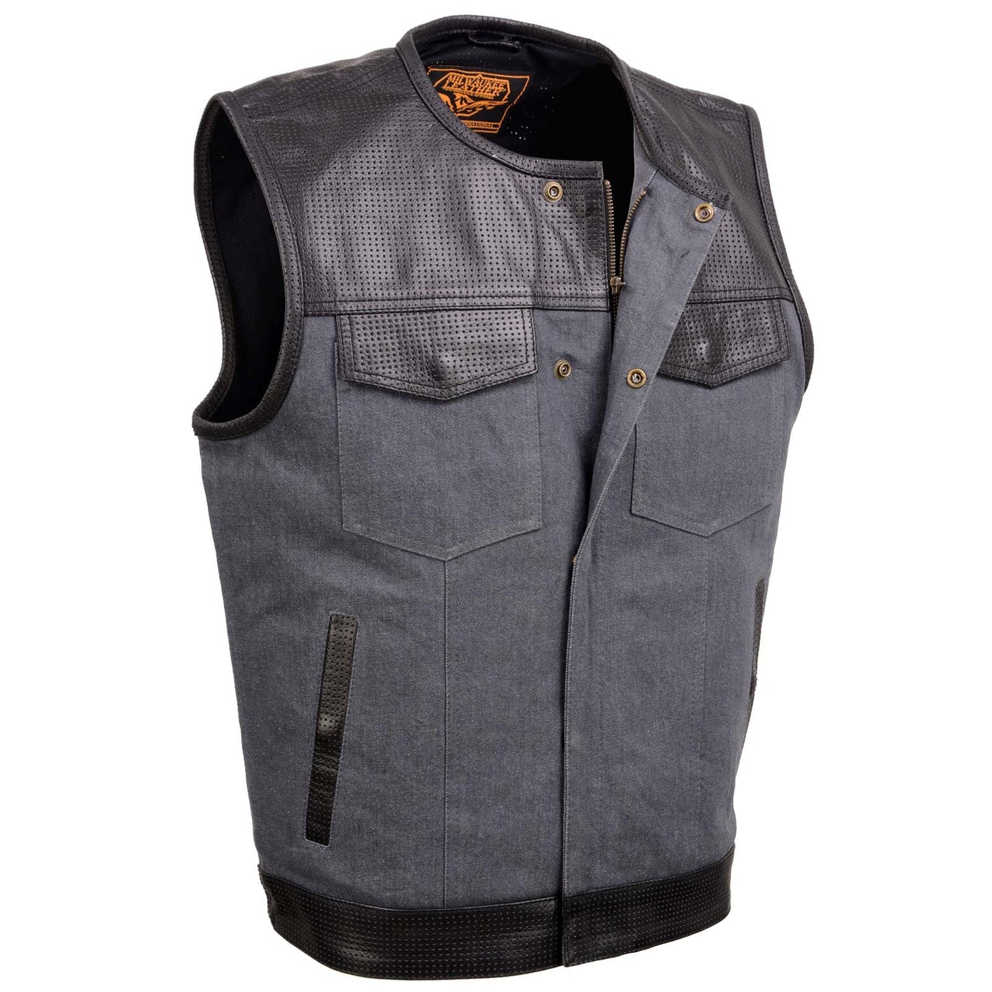 Milwaukee Leather MDM3005 Men's Brute Grey Denim w/Black Perforated Leather Club Style Vest w/Hidden Dual Closure - XXX-Large