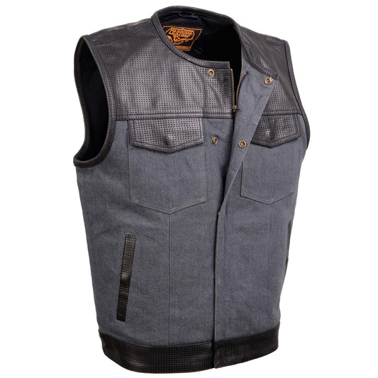 Milwaukee Leather MDM3005 Men's Brute Grey Denim w/Black Perforated Leather Club Style Vest w/Hidden Dual Closure - XXX-Large