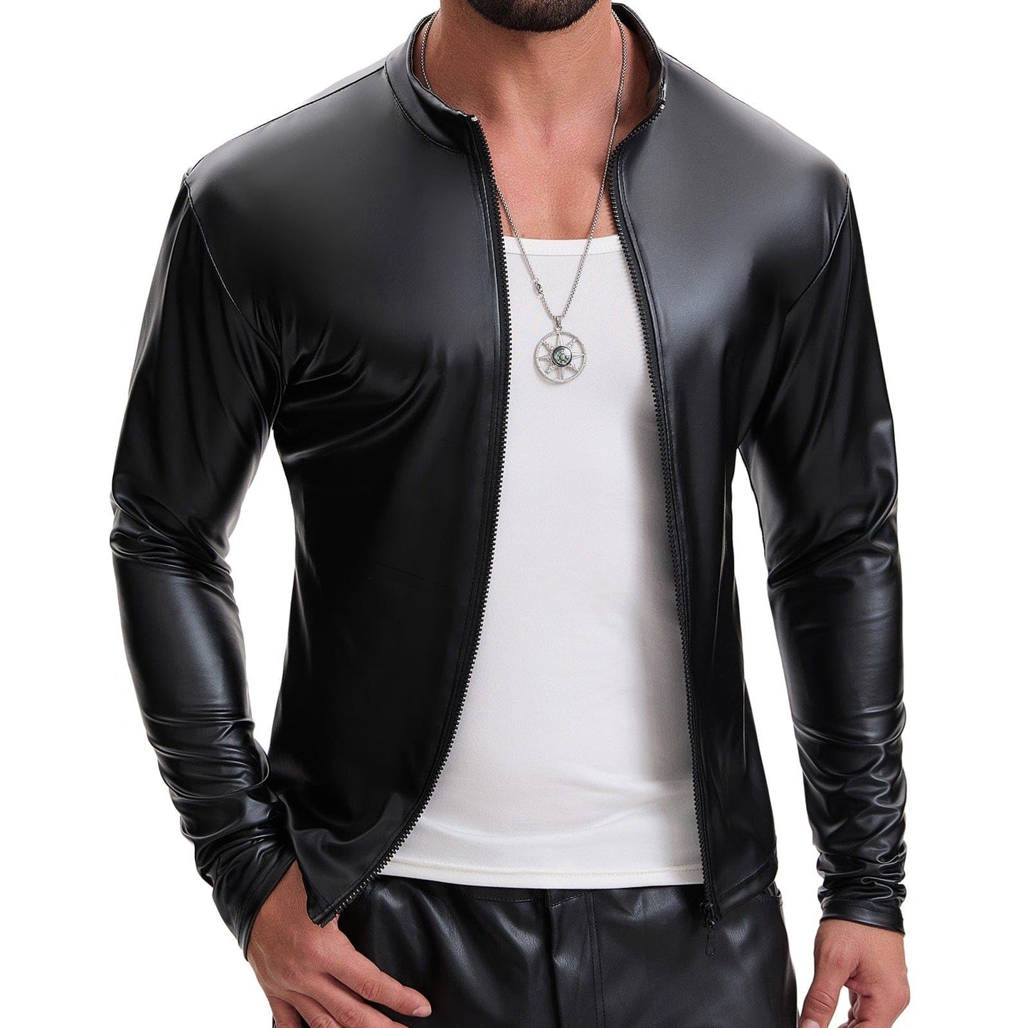 Mens Shiny Soft Leather Stand Collar Jacket Sexy Full Zipper Long Sleeve Shirts Solid Slim Fitted Stretch Tops Black