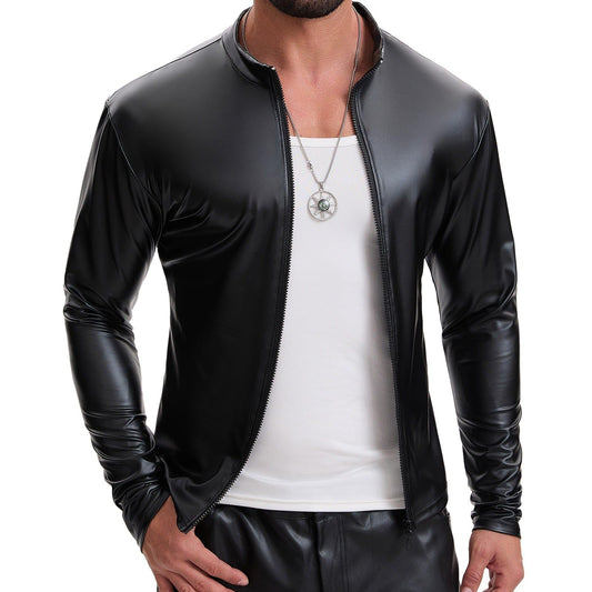 Mens Shiny Soft Leather Stand Collar Jacket Sexy Full Zipper Long Sleeve Shirts Solid Slim Fitted Stretch Tops Black