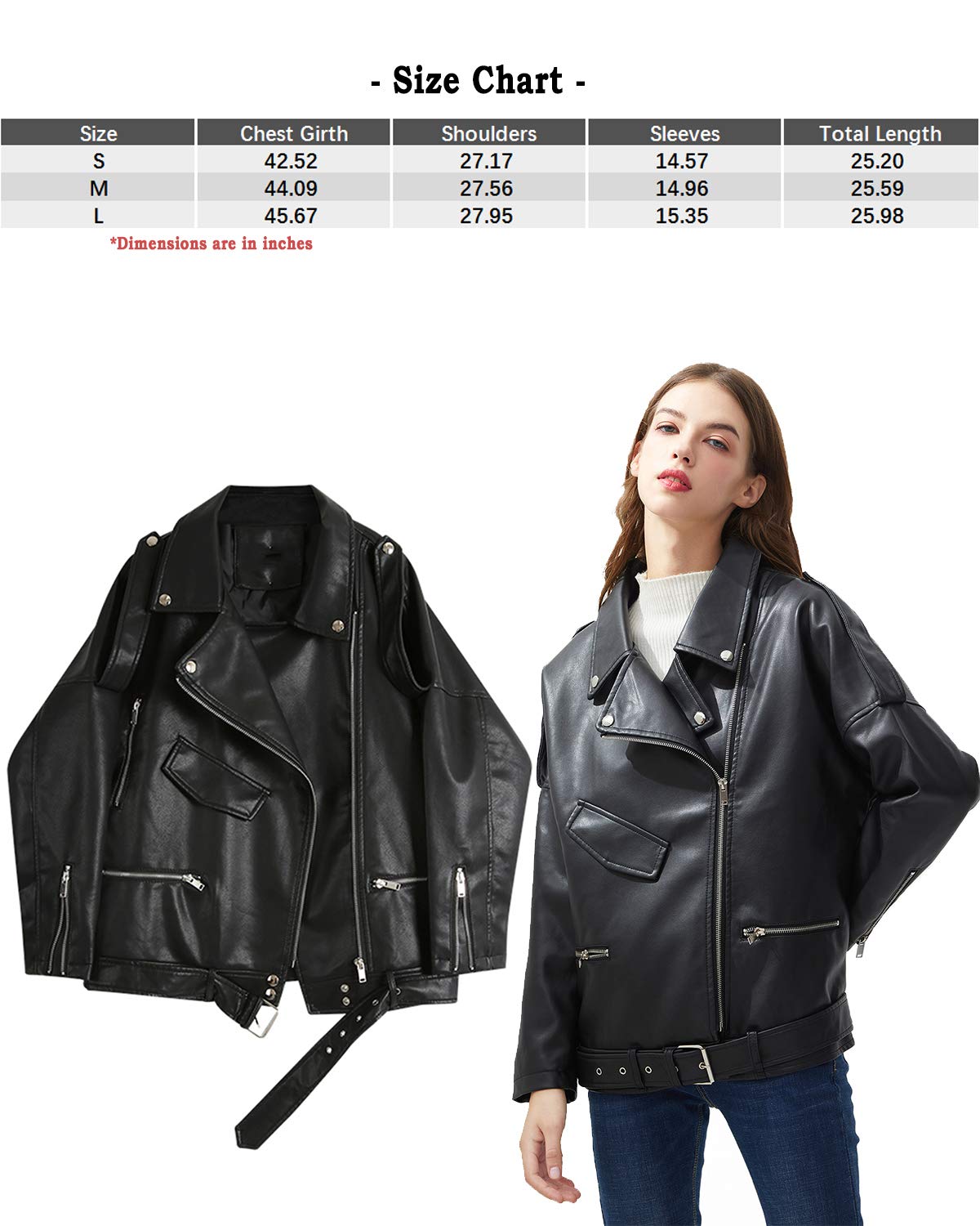 LY VAREY LIN Women Black Faux Leather Jackets Zipper Casual Short Coat Turn-down Collar Motor Biker Jacket with Belt (M, Black)