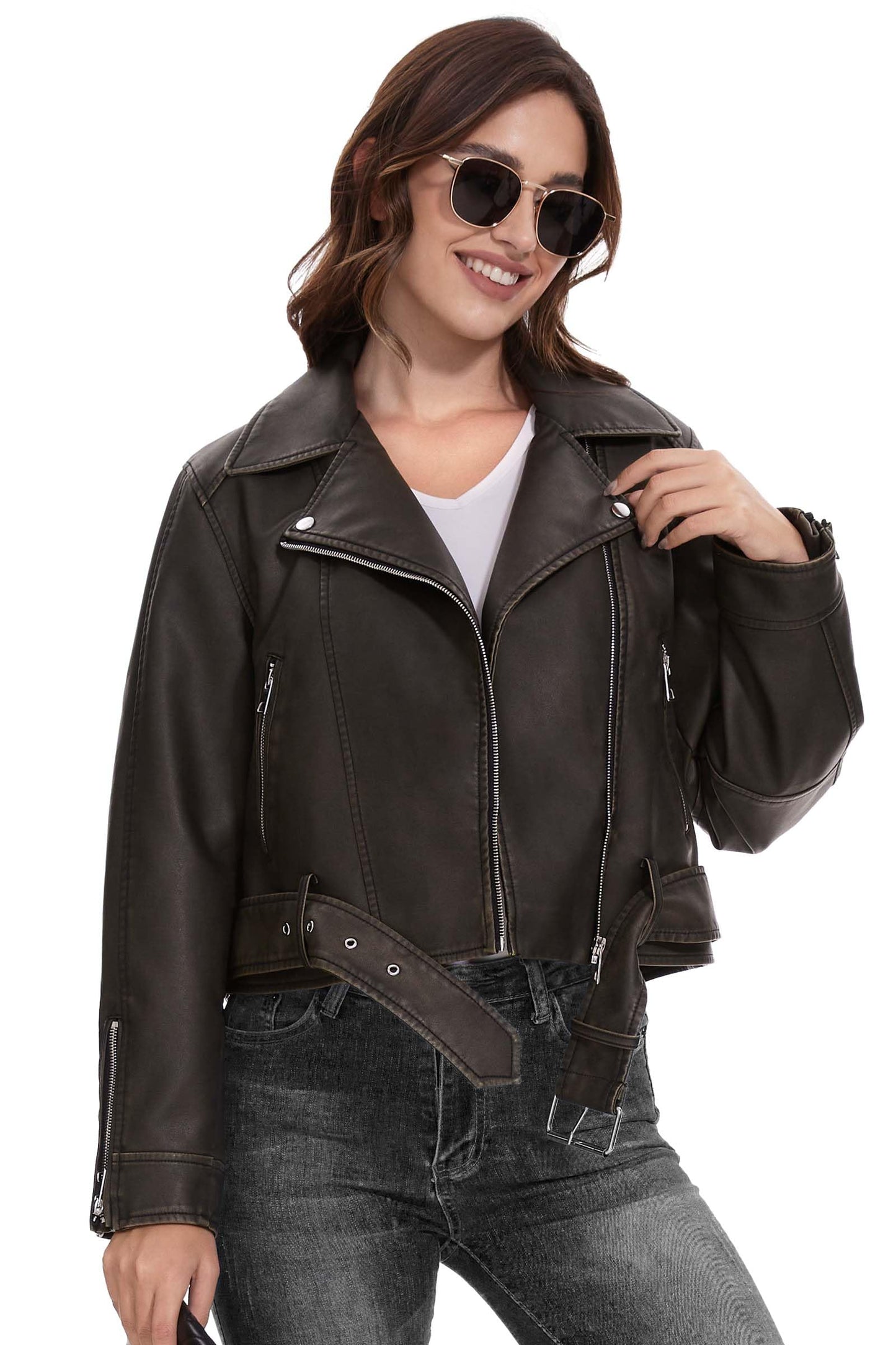 Fahsyee Leather Jacket for Women, Faux Motorcycle Belted Plus Size Moto Biker Coat Short Lightweight Vegan Pleather Fashion, Black, M