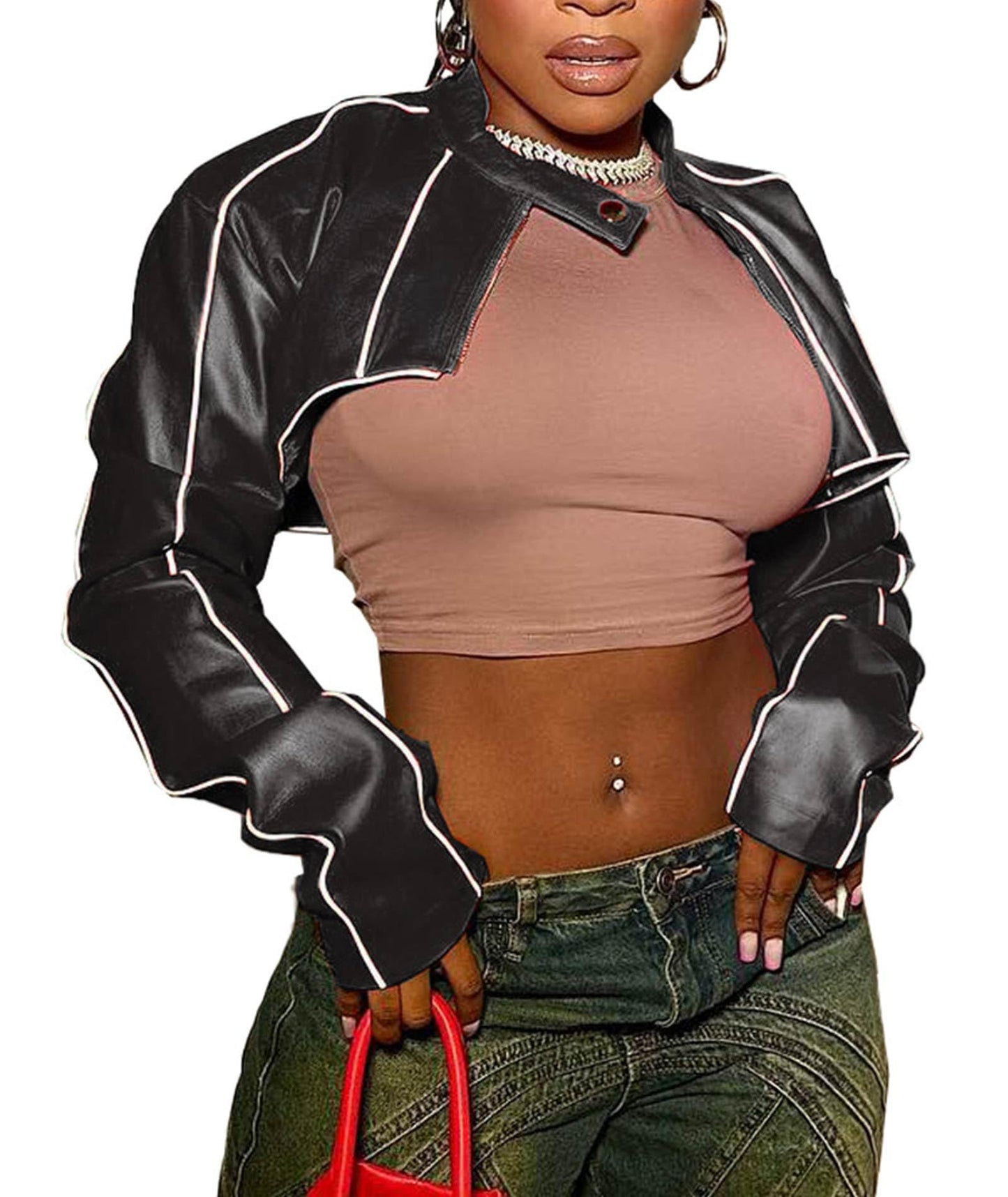 SEMATOMALA Women's Mock Neck PU Leather Crop Jacket Shrug Moto Biker Zip Up Faux Leather Slim Bolero Coat BL-L