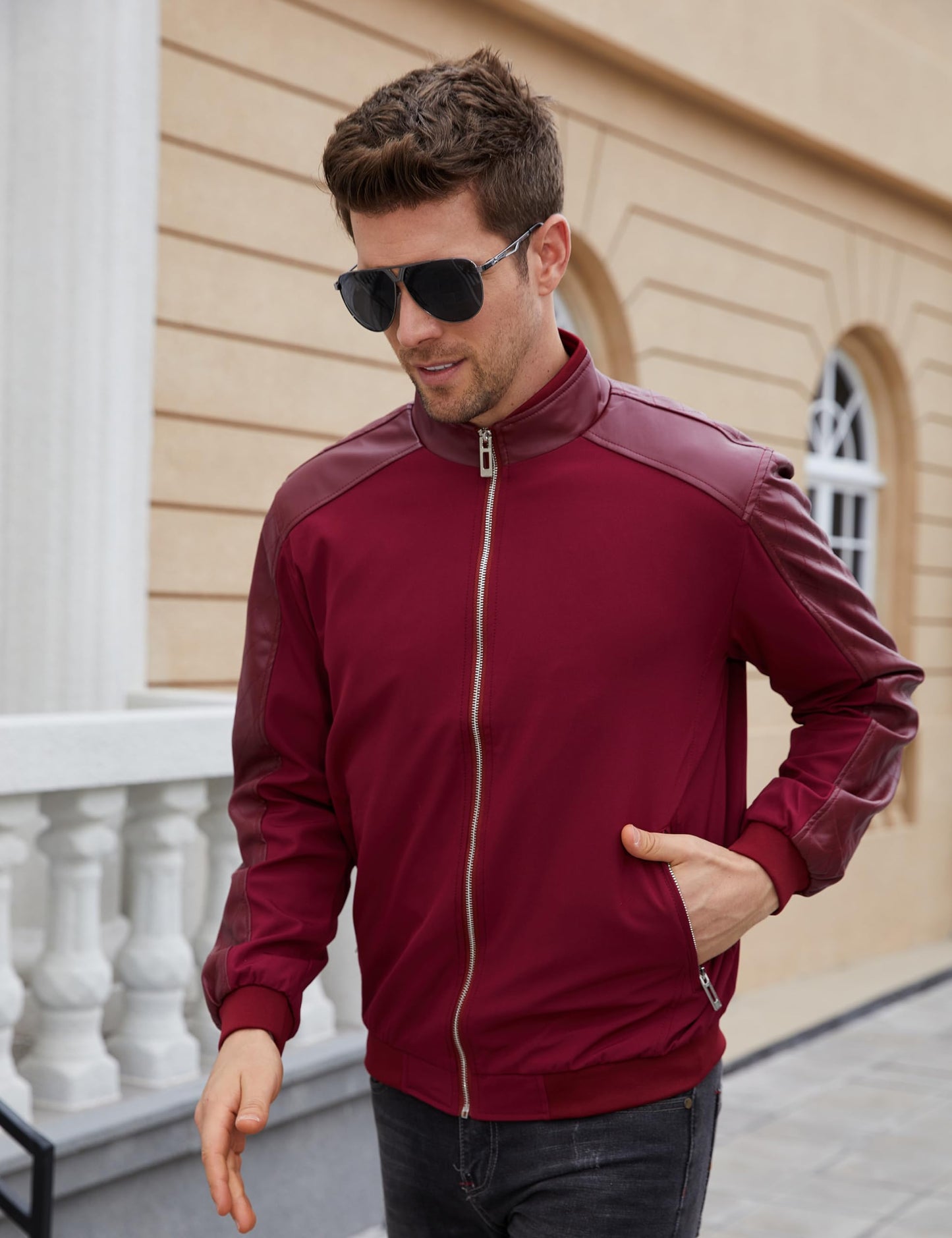 Tanming Men's Casual Slim Fit Lightweight Zip Up Softshell Bomber Jacket (Medium, Red)