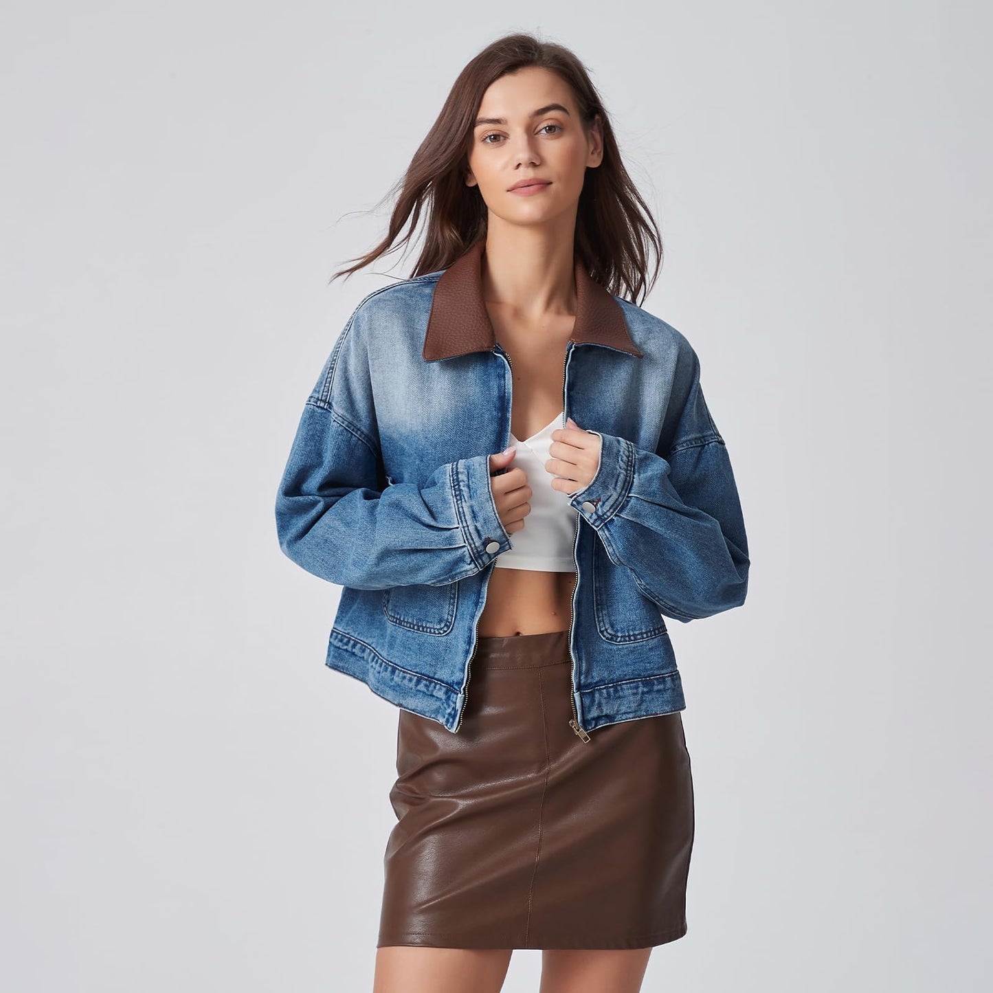 D-Sun Women's Denim Jackets Fake Leather Collar Long Sleeve Zipper Cropped Jean Jacket Denim Coat With Pockets