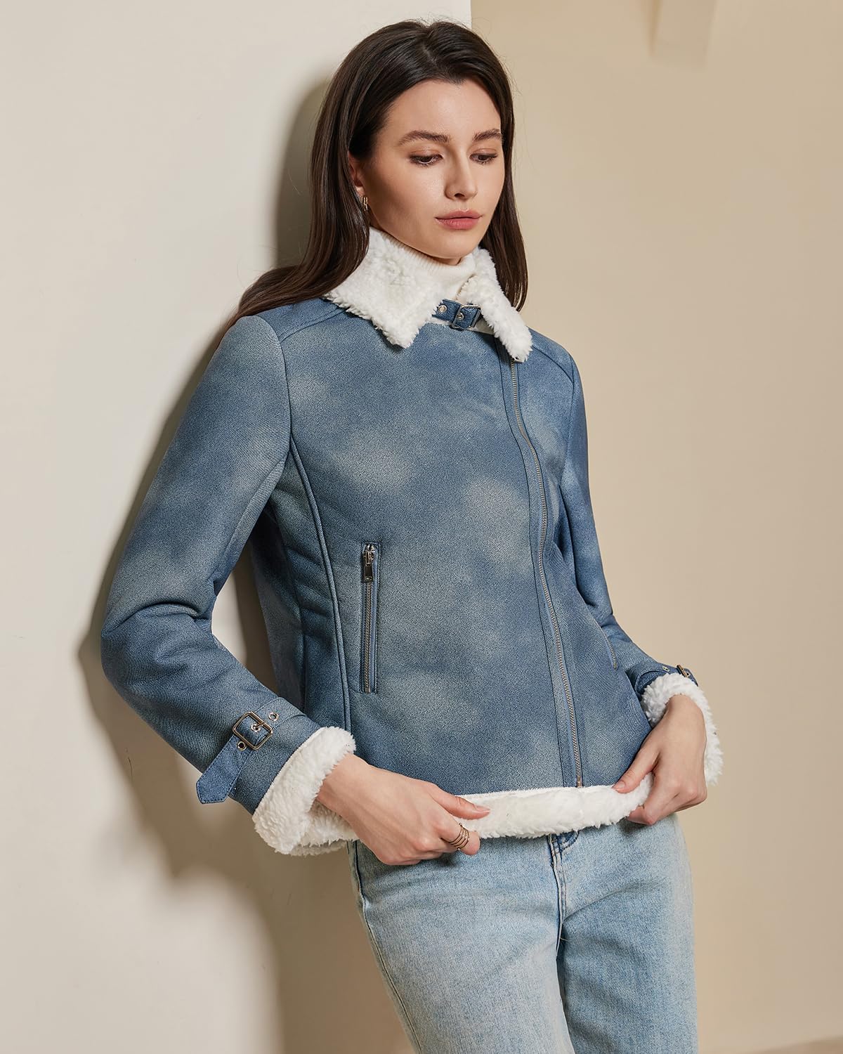 DIASHINY Women's Faux Shearing Fur Lined Jacket Faux Leather Moto Sherpa Coat Denim Blue M
