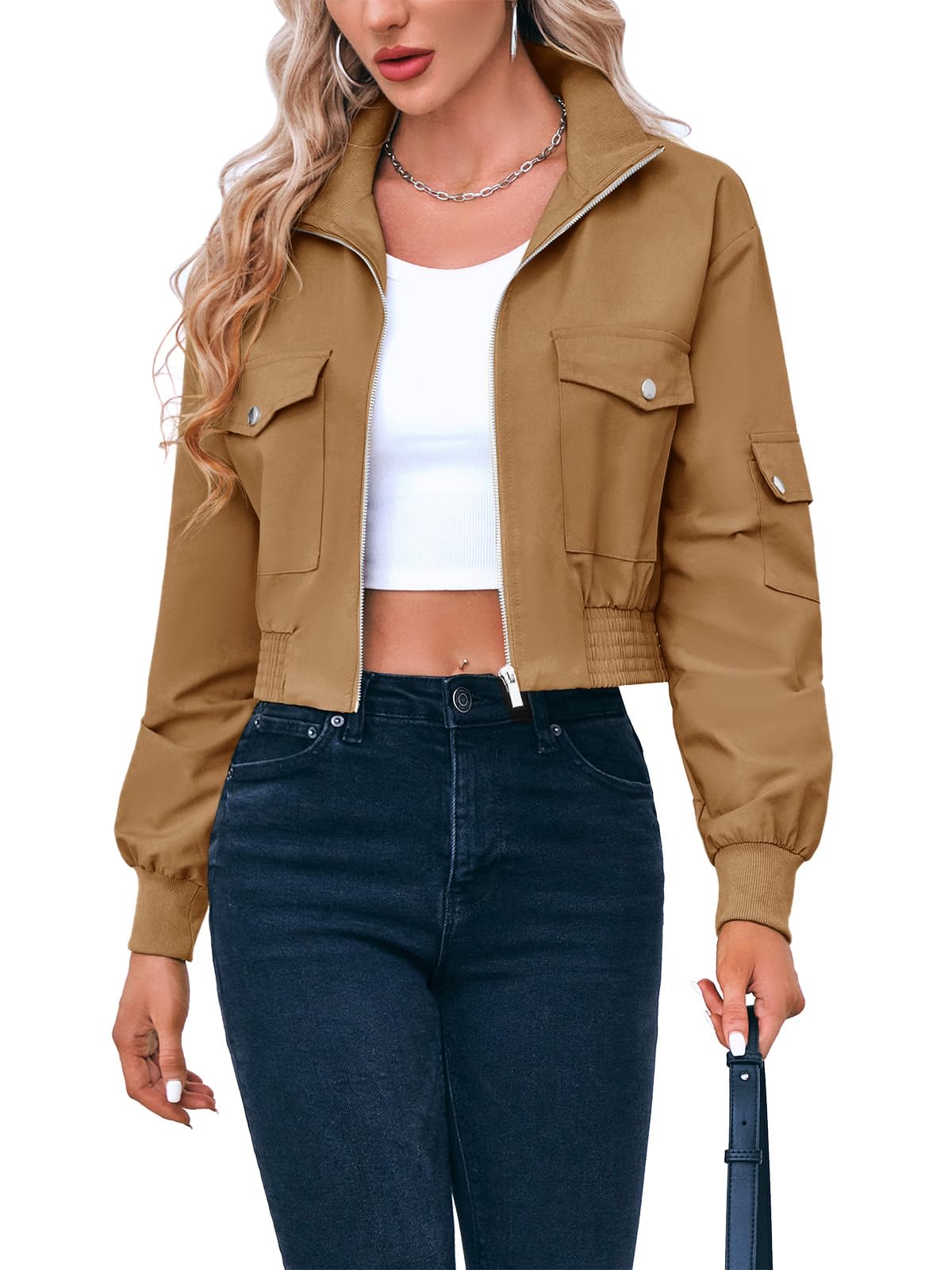 Fisoew Women's Fashion Cropped Bomber Jacket Long Sleeve Zip Up Stand Collar Jacket Coat with Pocket